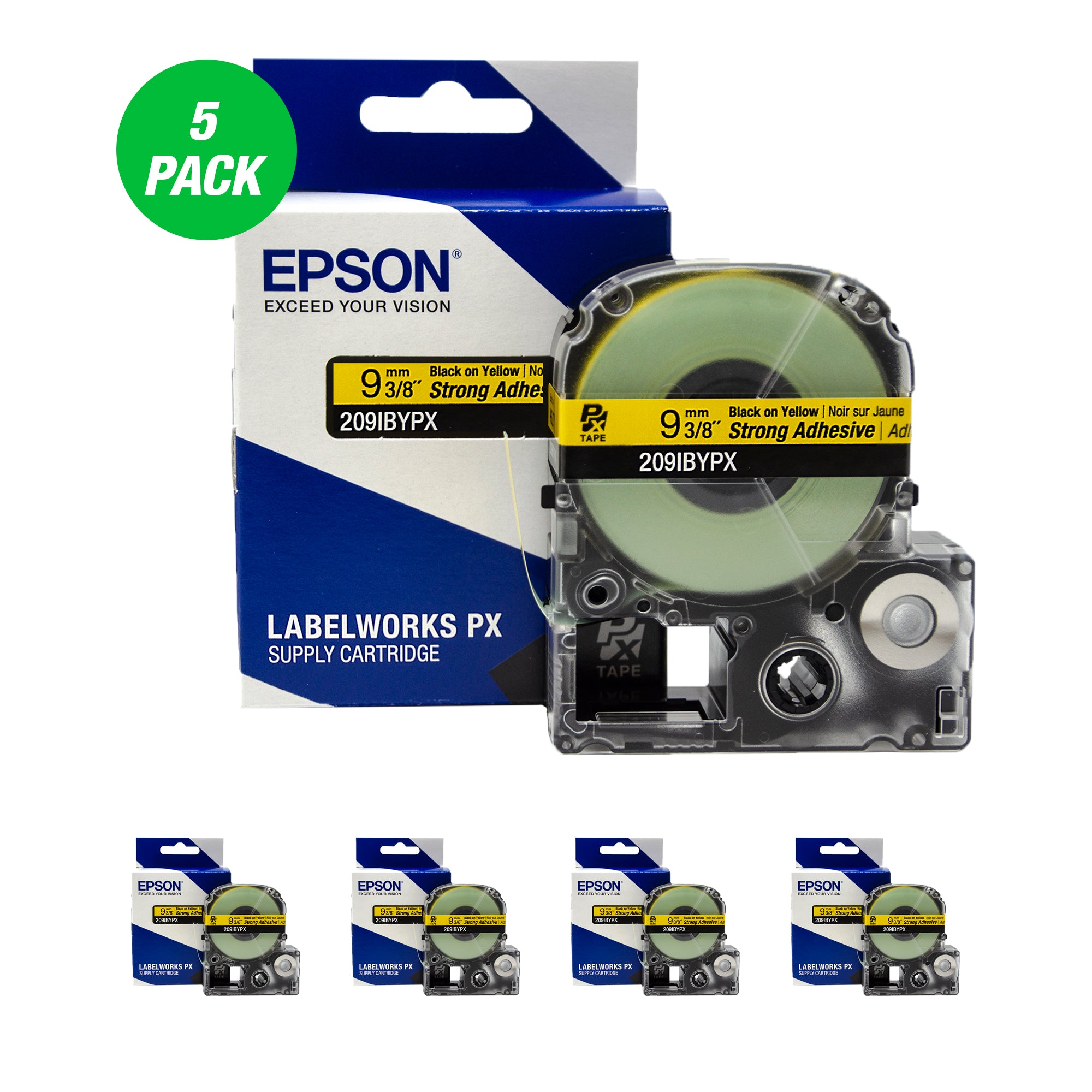 Epson LABELWORKS PX Strong Adhesive 3/8" (9mm) x 30 ft Black on Yellow Tape 5 Pack - 209IBYPX-5PK