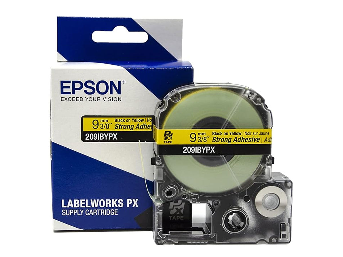 Epson LABELWORKS PX Strong Adhesive 3/8" (9mm) x 30 ft Black on Yellow Tape - 209IBYPX
