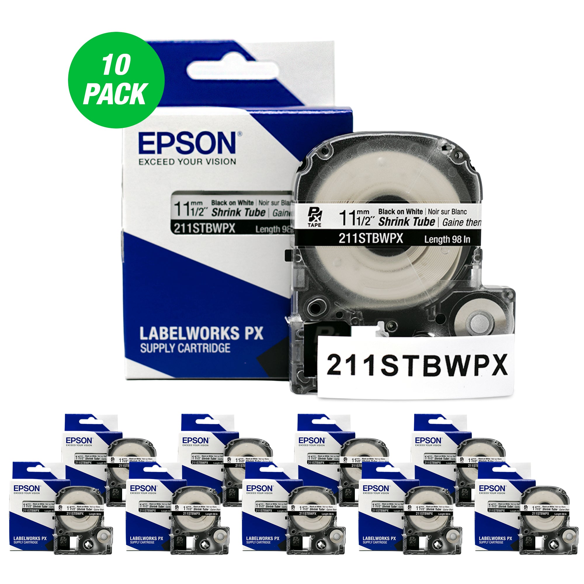 Epson LABELWORKS PX Shrink Tube 1/2" (AWG 2-8) x 98" Black on White Tape 10 Pack - 211STBWPX-10PK