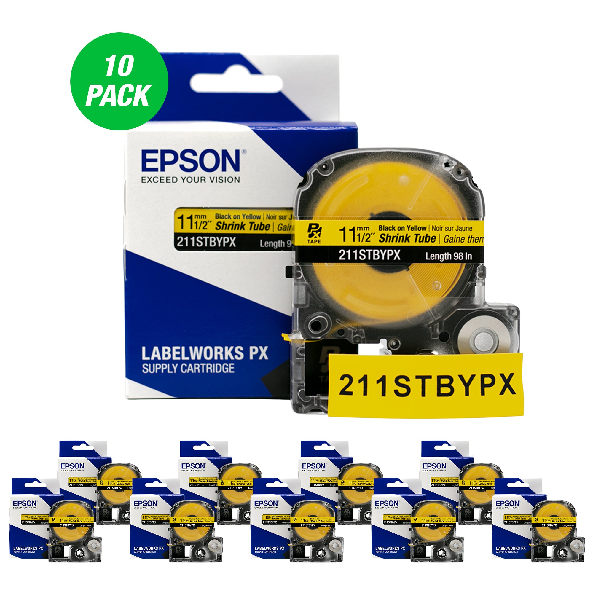 Epson LABELWORKS PX Shrink Tube 1/2" (AWG 2-8) x 98" Black on Yellow Tape 10 Pack - 211STBYPX-10PK