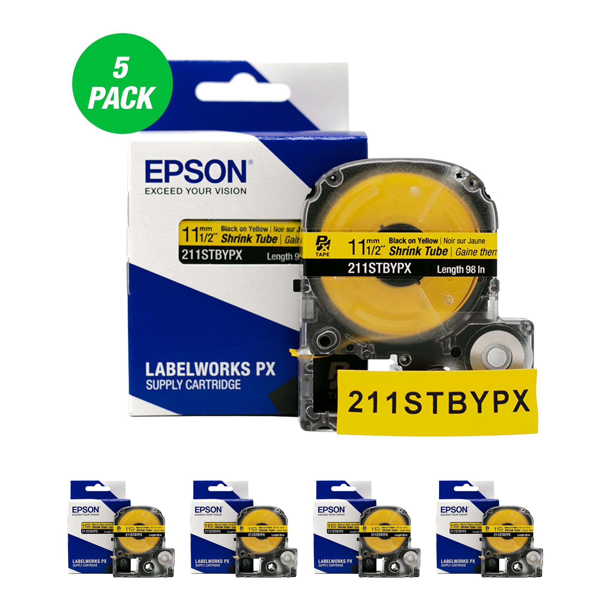 Epson LABELWORKS PX Shrink Tube 1/2" (AWG 2-8) x 98" Black on Yellow Tape 5 Pack - 211STBYPX-5PK
