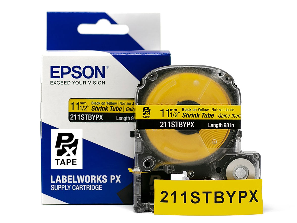 Epson LABELWORKS PX Shrink Tube 1/2" (AWG 2-8) x 98" Black on Yellow Tape - 211STBYPX