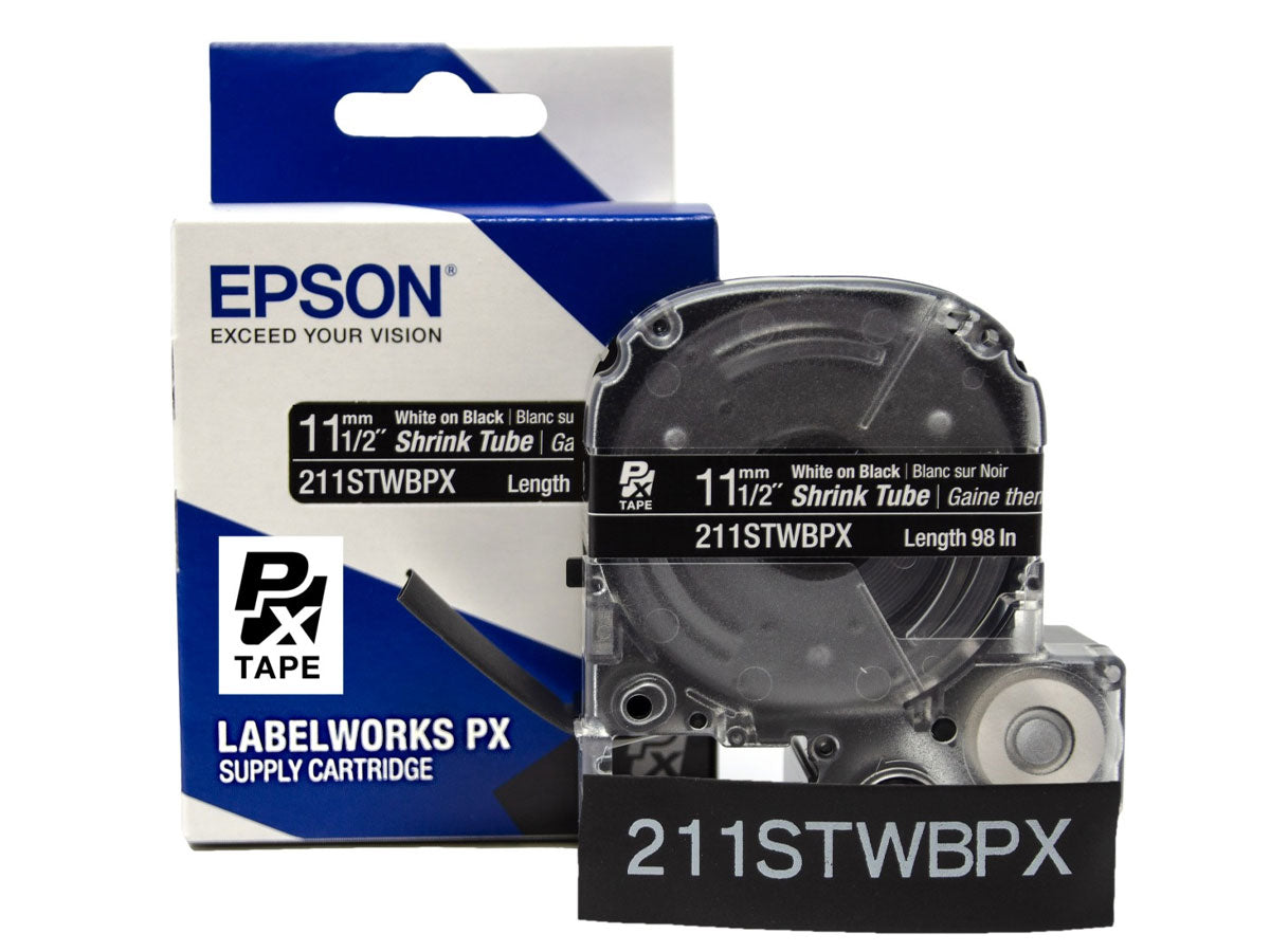 Epson LABELWORKS PX Shrink Tube 1/2" (AWG 2-8) x 98" White on Black Tape - 211STWBPX