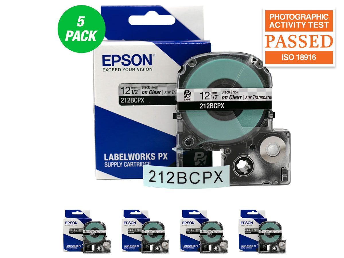 Epson LABELWORKS PX Standard 1/2" (12mm) x 30 ft Black on Clear Tape 5 Pack - 212BCPX-5PK