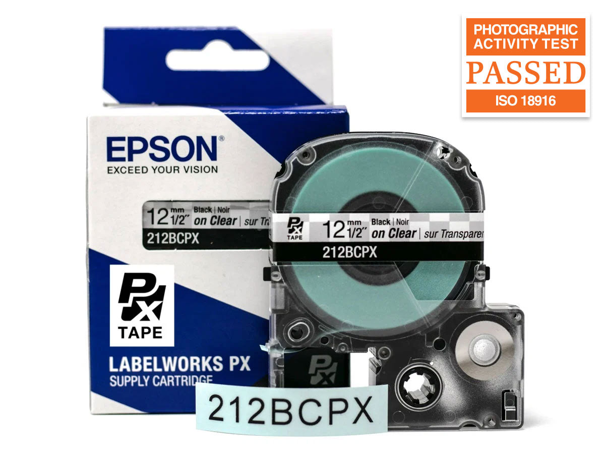 Epson LABELWORKS PX Standard 1/2" (12mm) x 30 ft Black on Clear Tape - 212BCPX