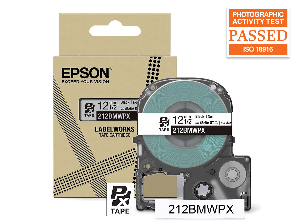 Epson LabelWorks PX Matte 1/2" (12mm) X 26 FT Black on White Matte Tape - 212BMWPX
