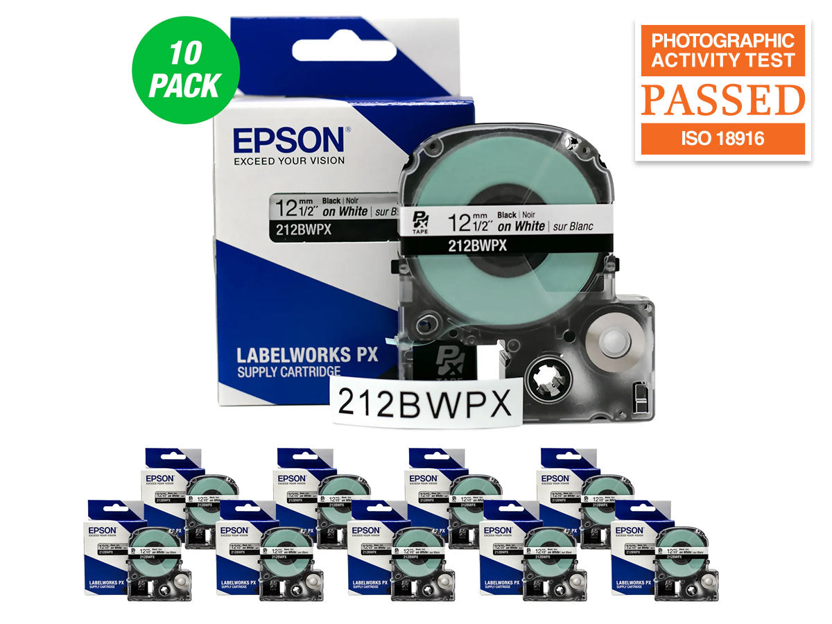 Epson LABELWORKS PX Standard 1/2" (12mm) x 30 ft Black on White Tape 10 Pack - 212BWPX-10PK