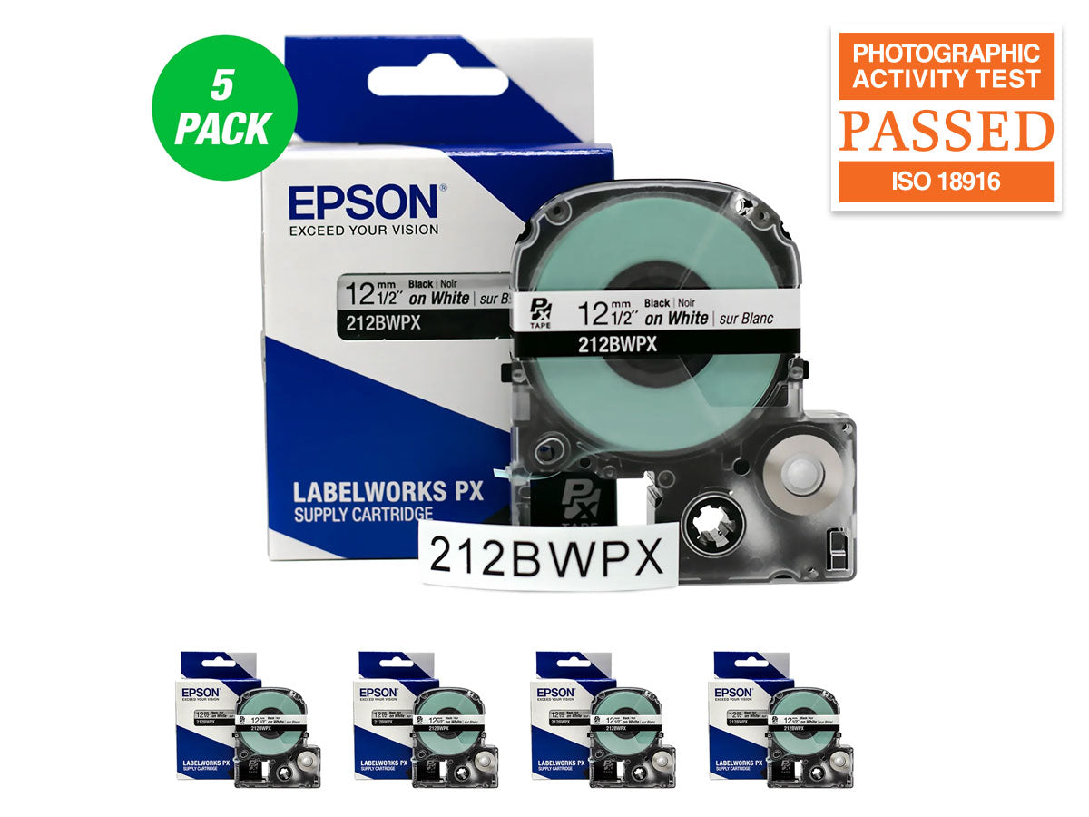 Epson LABELWORKS PX Standard 1/2" (12mm) x 30 ft Black on White Tape 5 Pack - 212BWPX-5PK