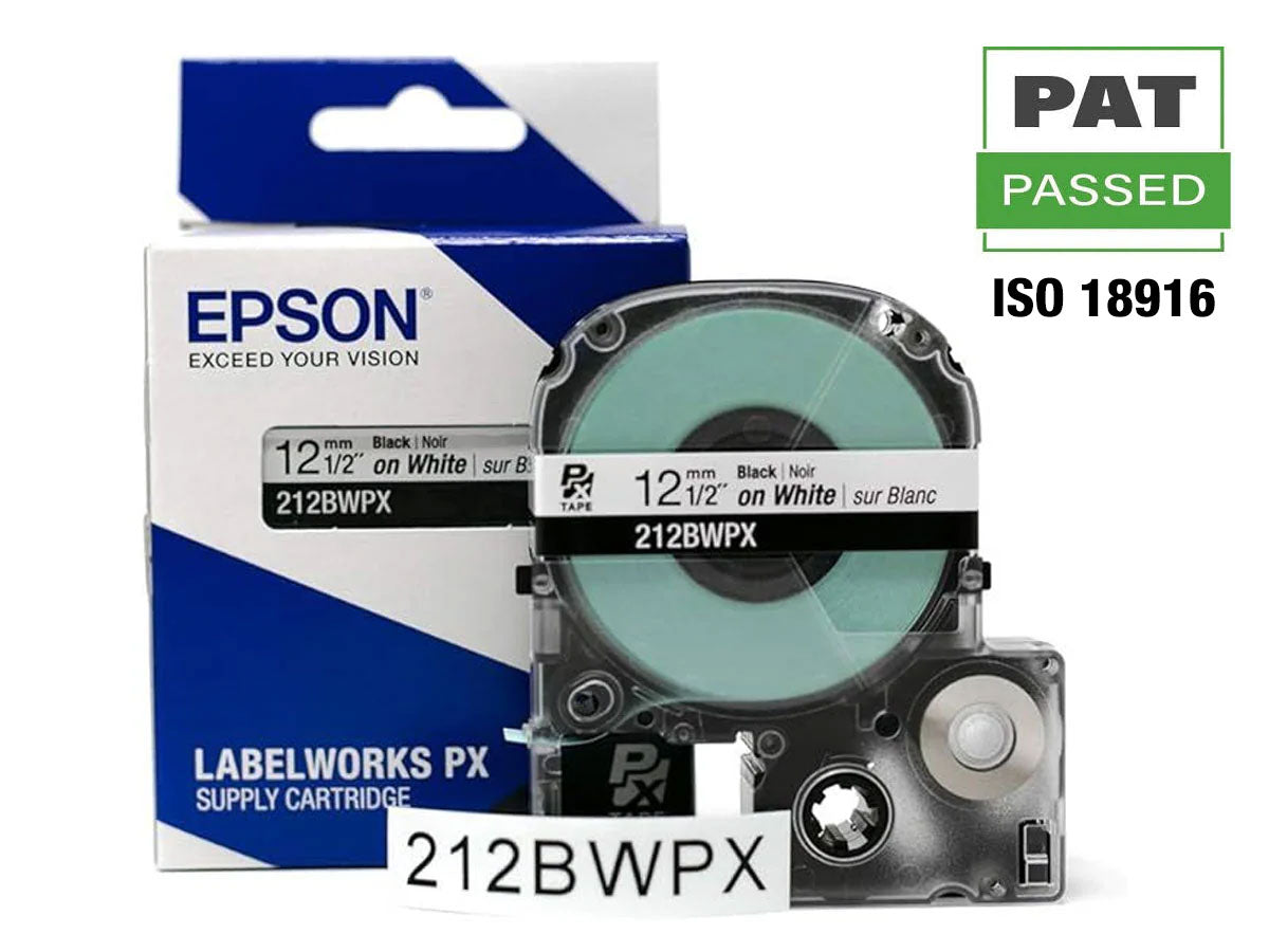 Epson LABELWORKS PX Standard 1/2" (12mm) x 30 ft Black on White Tape - 212BWPX
