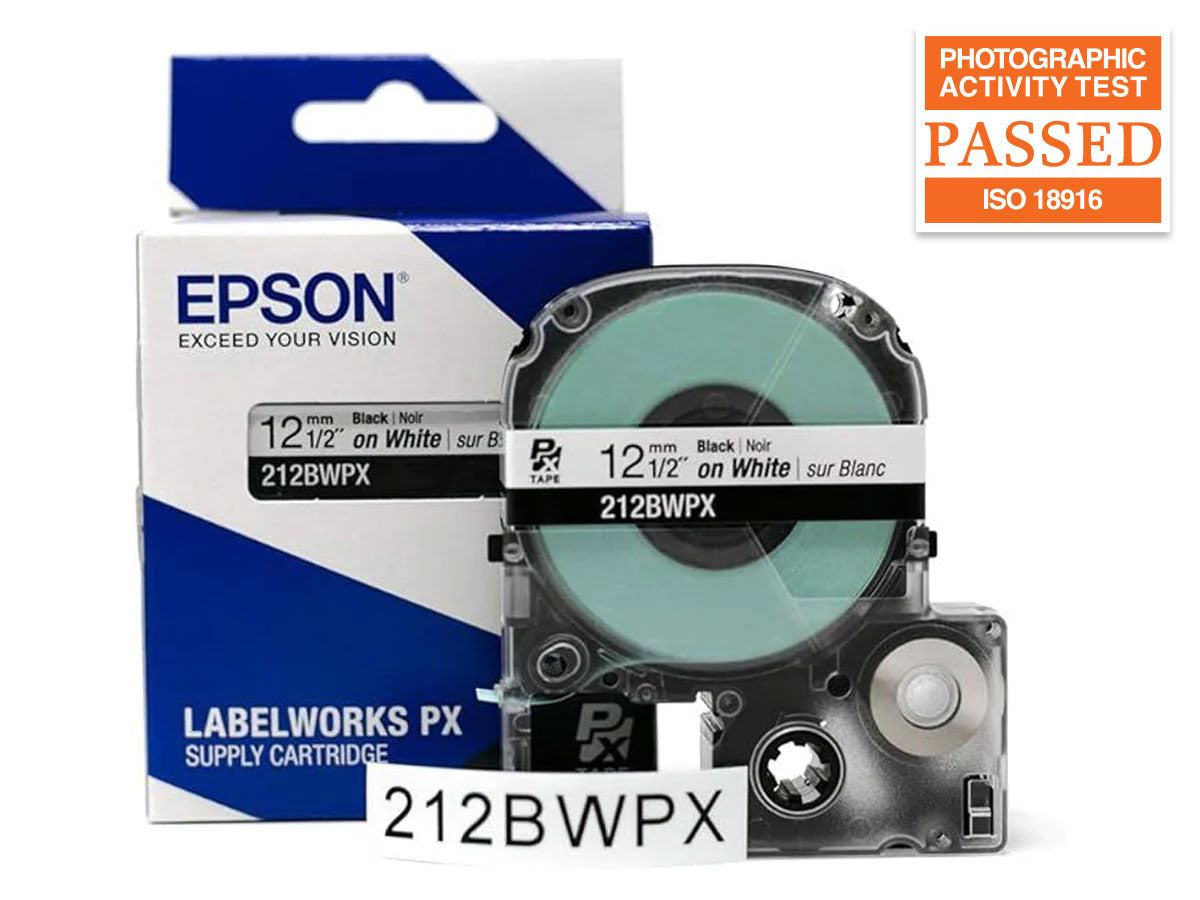Epson LABELWORKS PX Standard 1/2" (12mm) x 30 ft Black on White Tape 5 Pack - 212BWPX-5PK