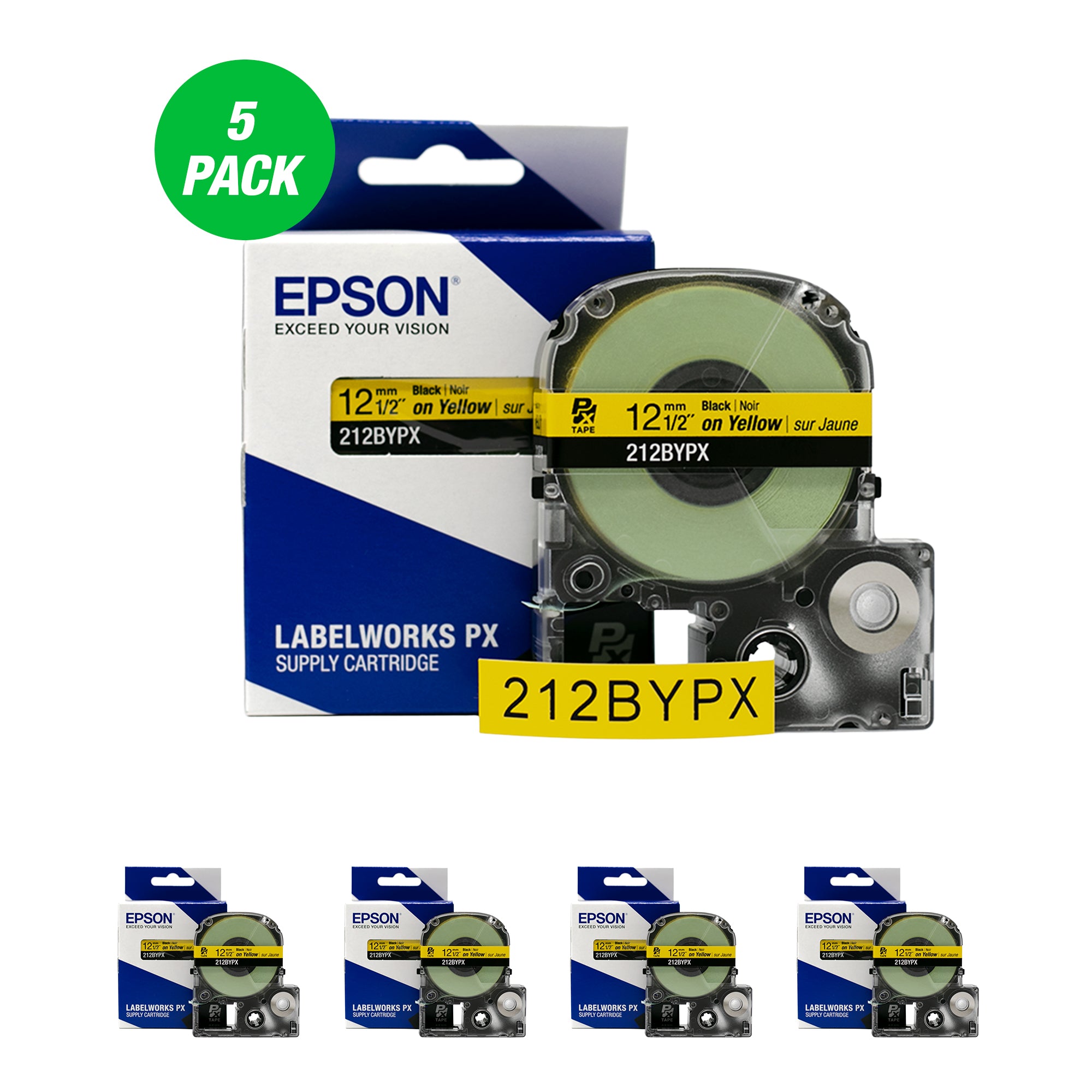 Epson LABELWORKS PX Standard 1/2" (12mm) x 30 ft Black on Yellow Tape 5 Pack - 212BYPX-5PK