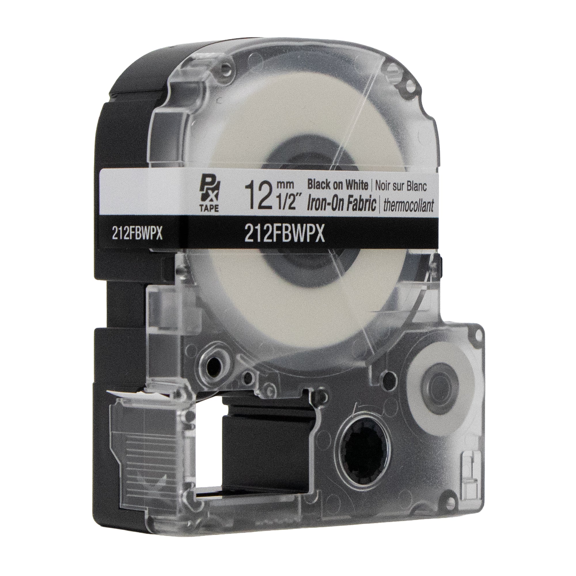 Epson LABELWORKS PX Iron-On Fabric 1/2" (12mm) x 16.4 ft Black on White Tape - 212FBWPX