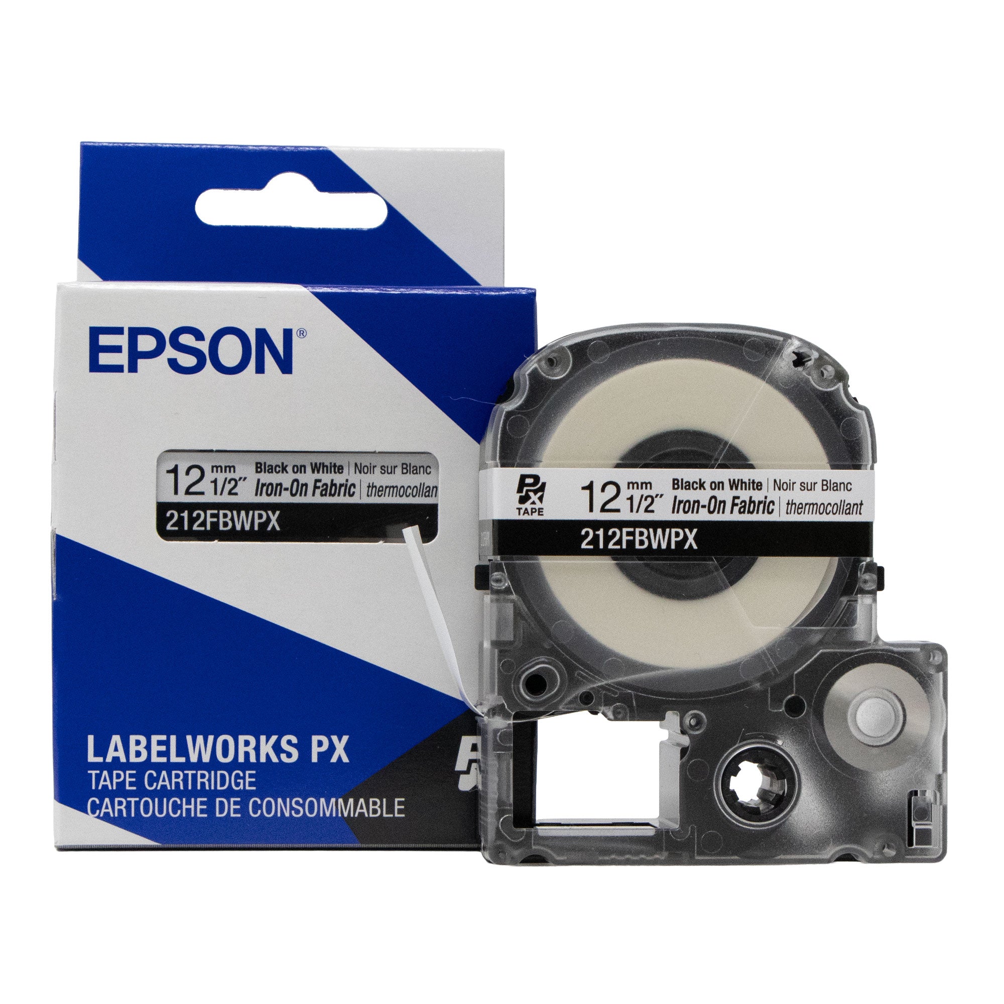 Epson LABELWORKS PX Iron-On Fabric 1/2" (12mm) x 16.4 ft Black on White Tape - 212FBWPX