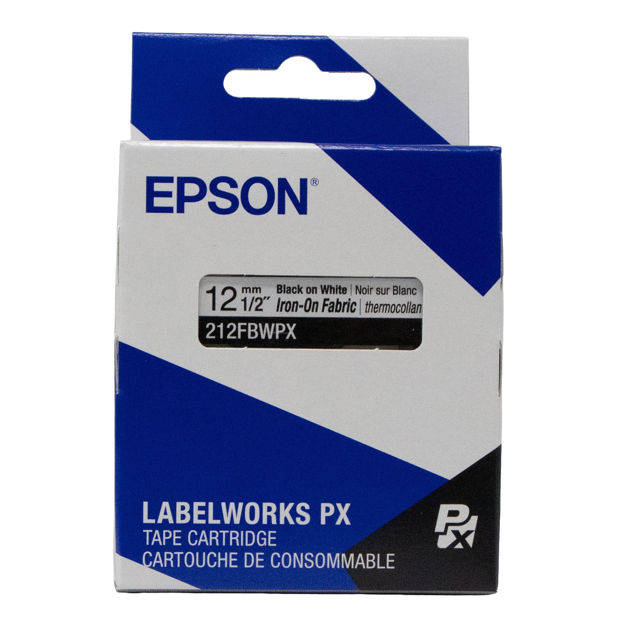 Epson LABELWORKS PX Iron-On Fabric 1/2" (12mm) x 16.4 ft Black on White Tape - 212FBWPX