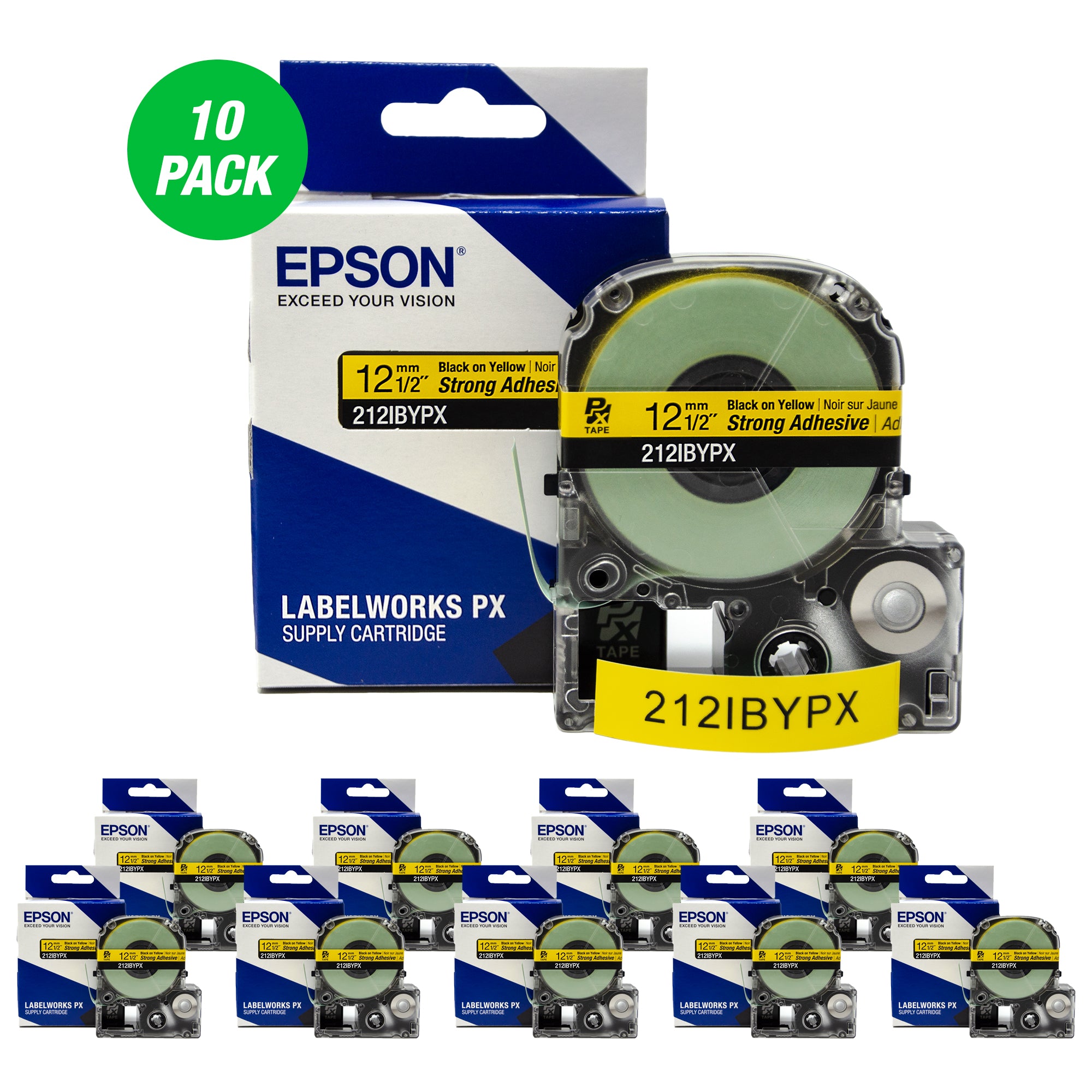 Epson LABELWORKS PX Strong Adhesive 1/2" (12mm) x 30 ft Black on Yellow Tape 10 Pack - 212IBYPX-10PK
