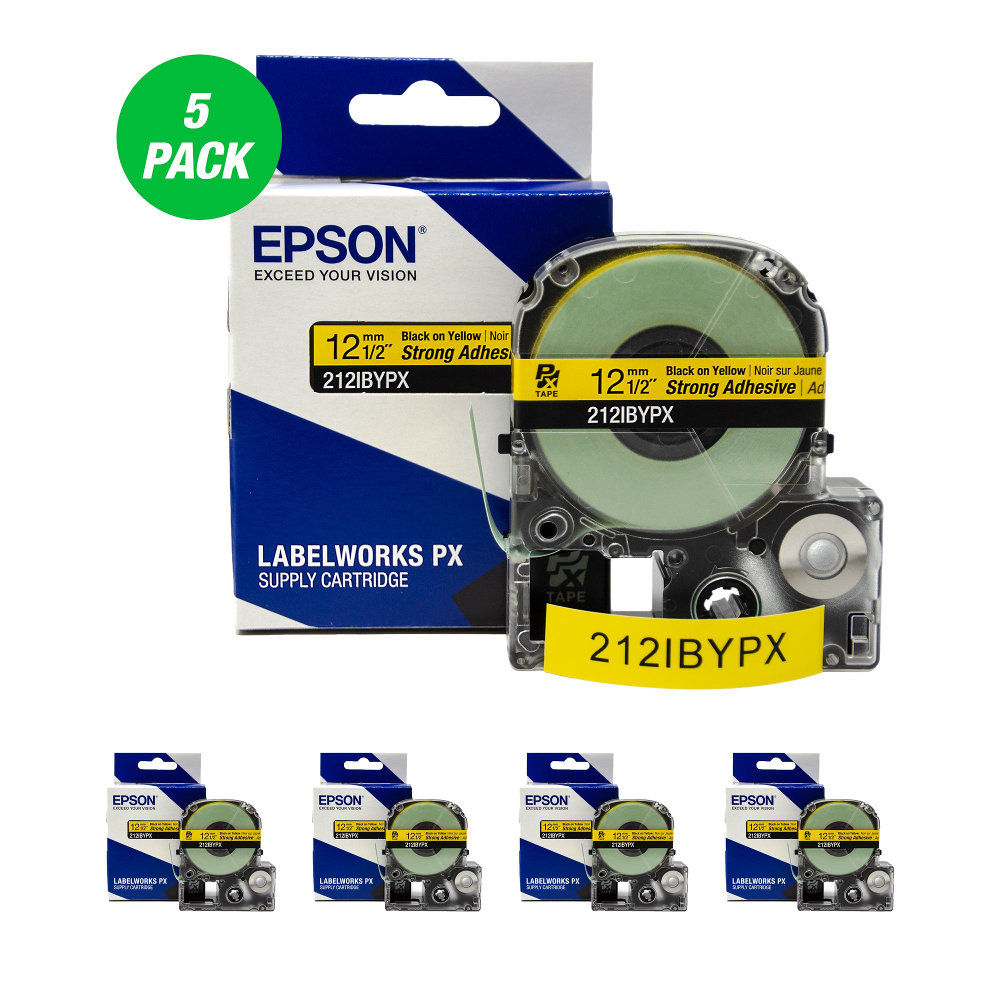 Epson LABELWORKS PX Strong Adhesive 1/2" (12mm) x 30 ft Black on Yellow Tape 5 Pack - 212IBYPX-5PK