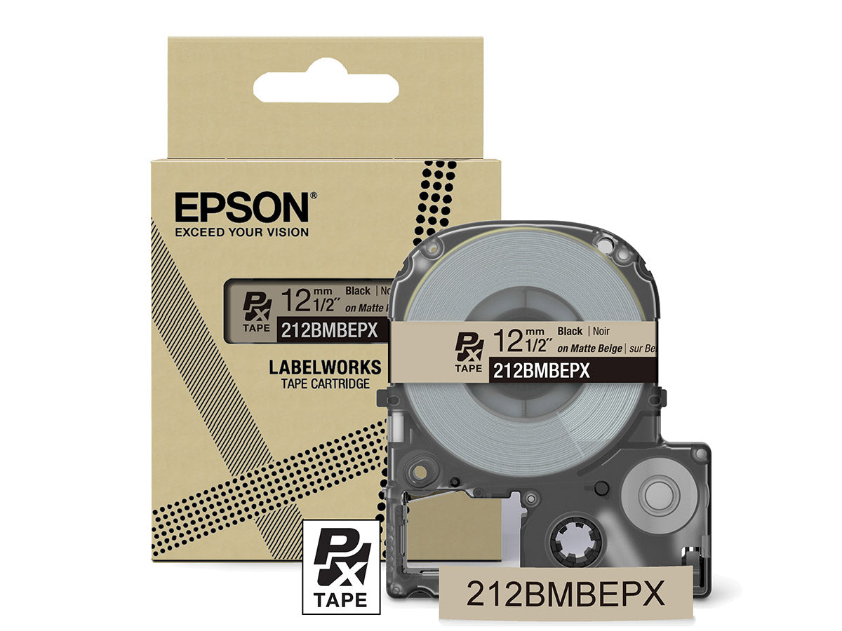 Epson LabelWorks PX Matte 1/2" (12mm) X 26 FT Black on Matte Beige Tape - 212BMBEPX
