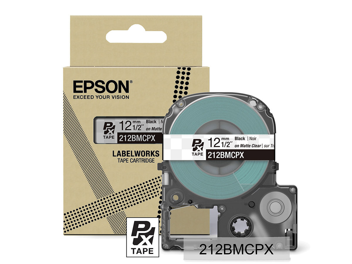 Epson LabelWorks PX Matte 1/2" (12mm) X 26 FT Black on Clear Matte Tape - 212BMCPX