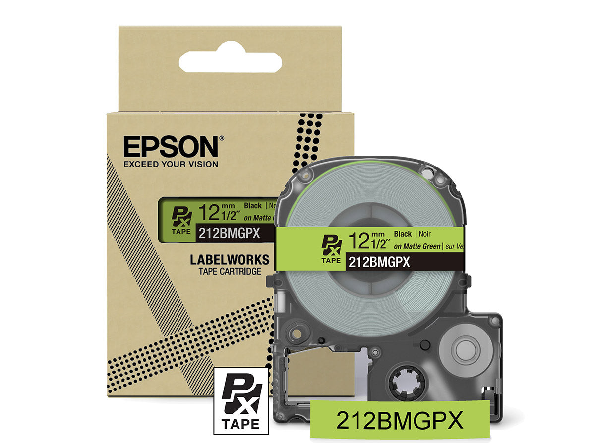Epson LabelWorks PX Matte 1/2" (12mm) X 26 FT Black on Matte Green Tape - 212BMGPX