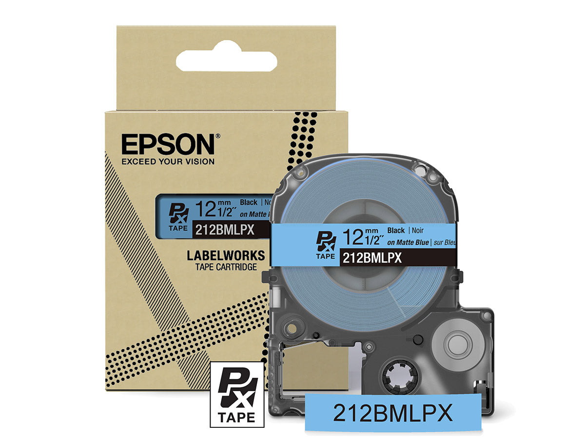 Epson LabelWorks PX Matte 1/2" (12mm) X 26 FT Black on Matte Blue Tape - 212BMLPX