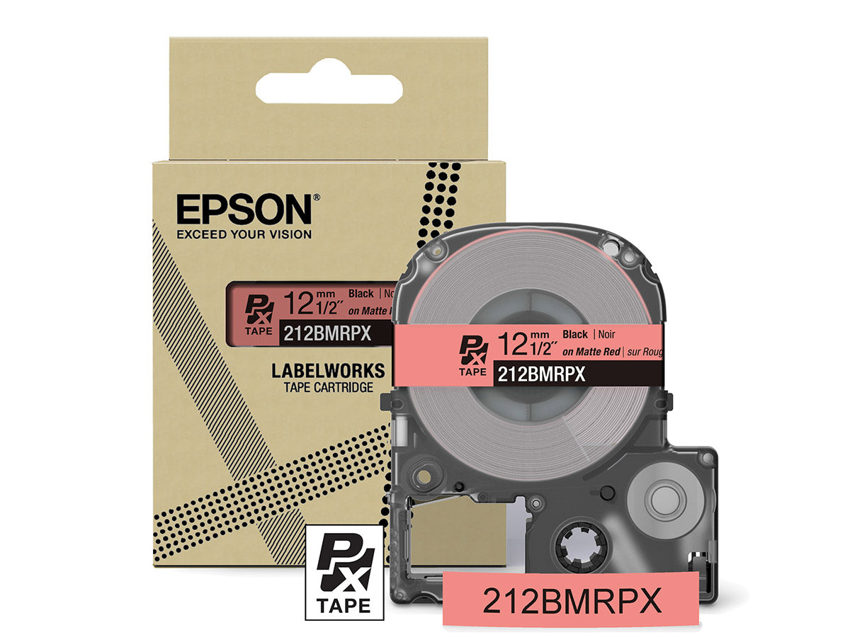 Epson LabelWorks PX Matte 1/2" (12mm) X 26 FT Black on Matte Red Tape - 212BMRPX