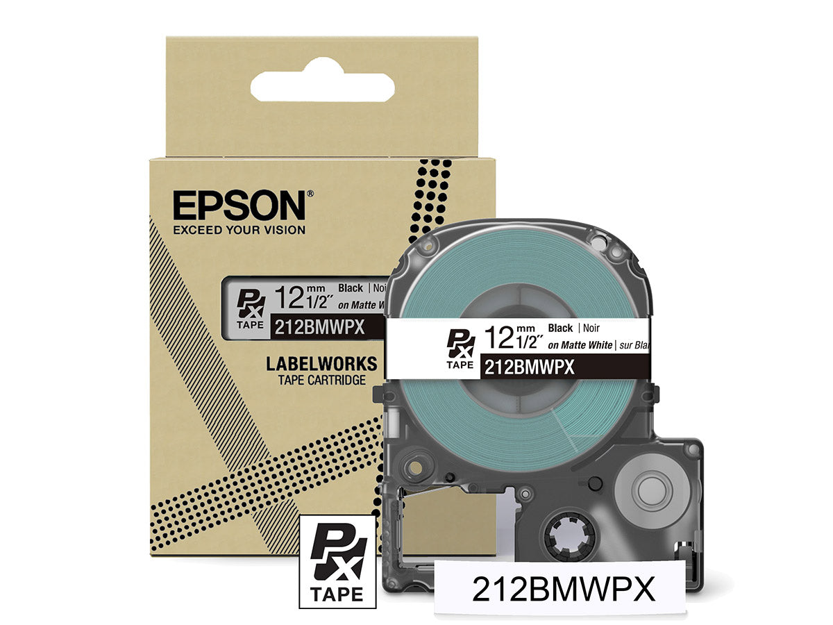 Epson LabelWorks PX Matte 1/2" (12mm) X 26 FT Black on White Matte Tape - 212BMWPX