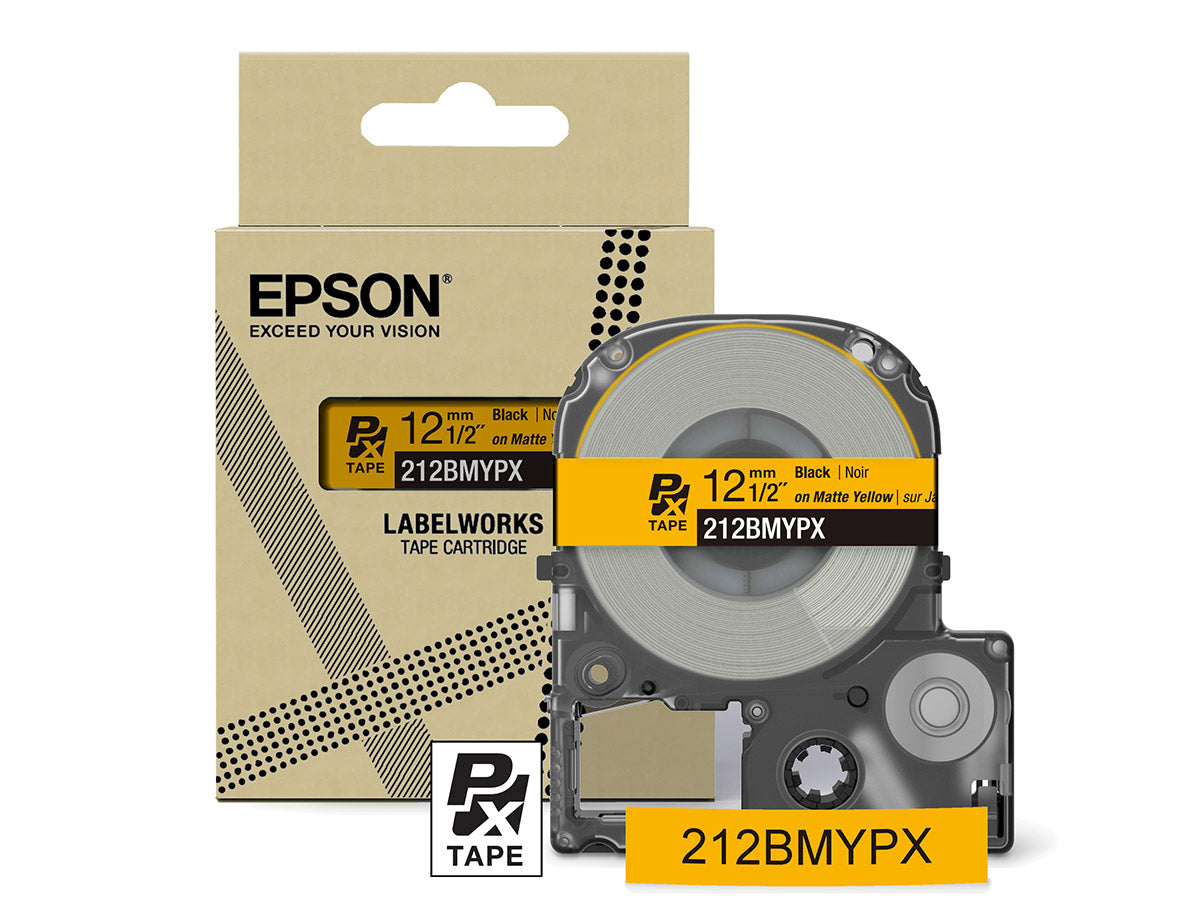 Epson LabelWorks PX Matte 1/2" (12mm) X 26 FT Black on Matte Yellow Tape - 212BMYPX