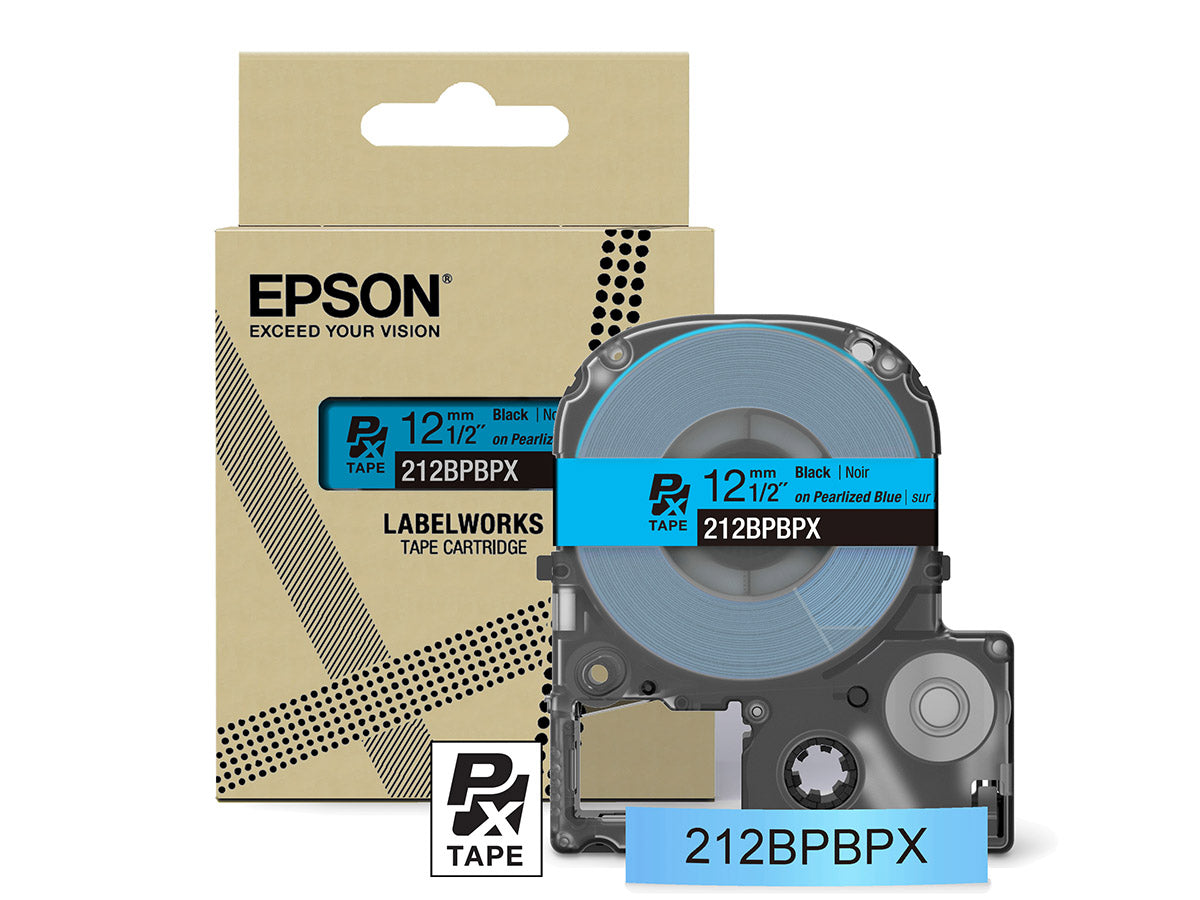 Epson LabelWorks PX Pearlized 1/2" (12mm) X 30 FT Black on Pearl Blue Tape - 212BPBPX
