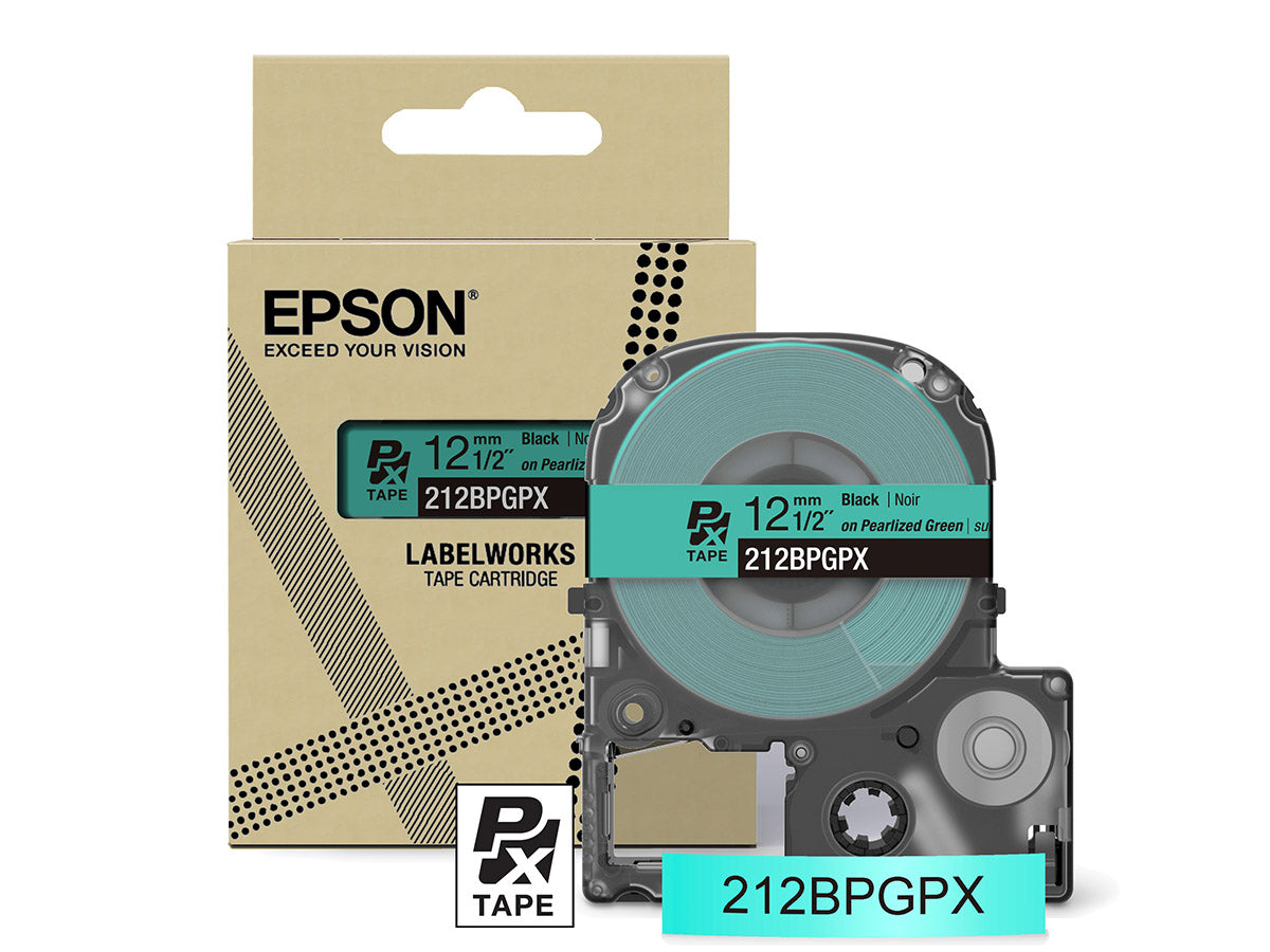 Epson LabelWorks PX Pearlized 1/2" (12mm) X 30 FT Black on Pearl Green Tape - 212BPGPX