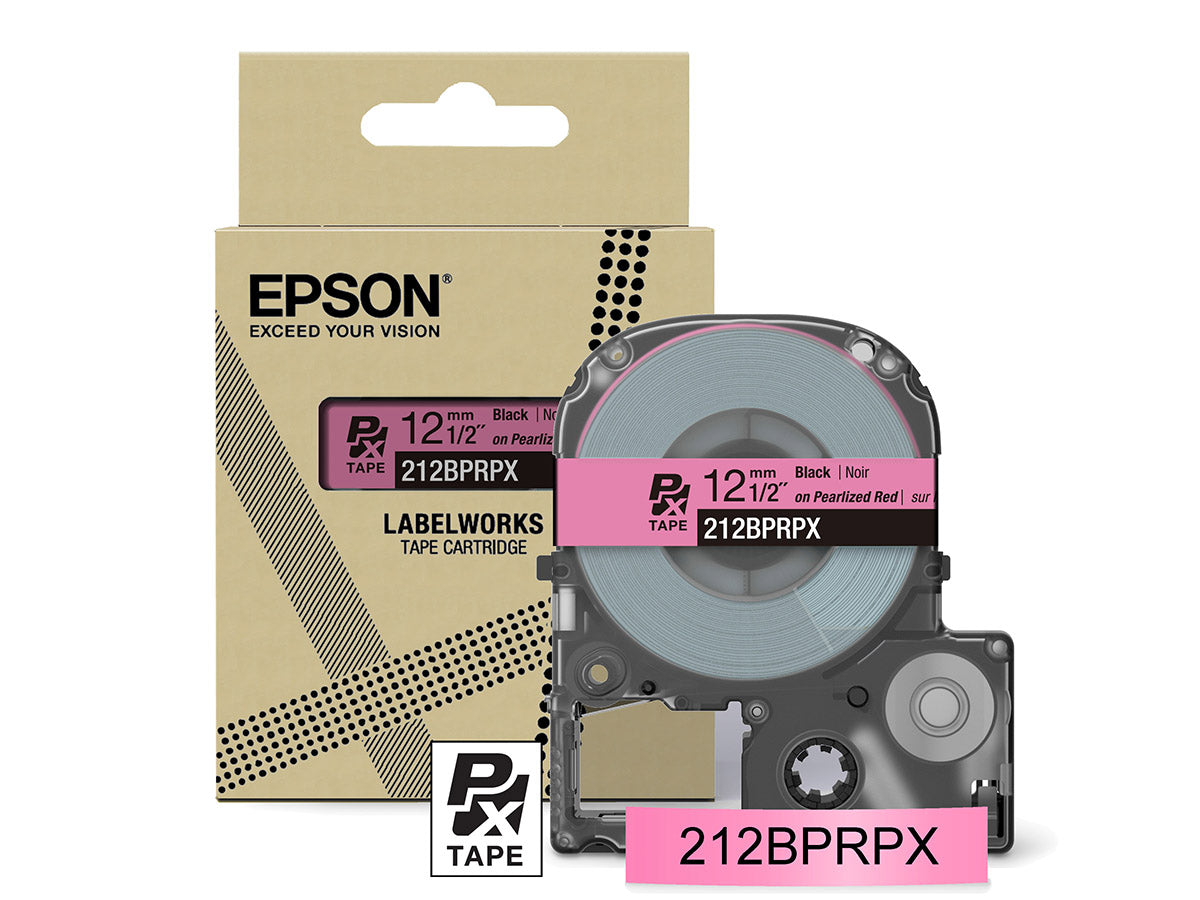 Epson LabelWorks PX Pearlized 1/2" (12mm) X 30 FT Black on Pearl Red Tape - 212BPRPX