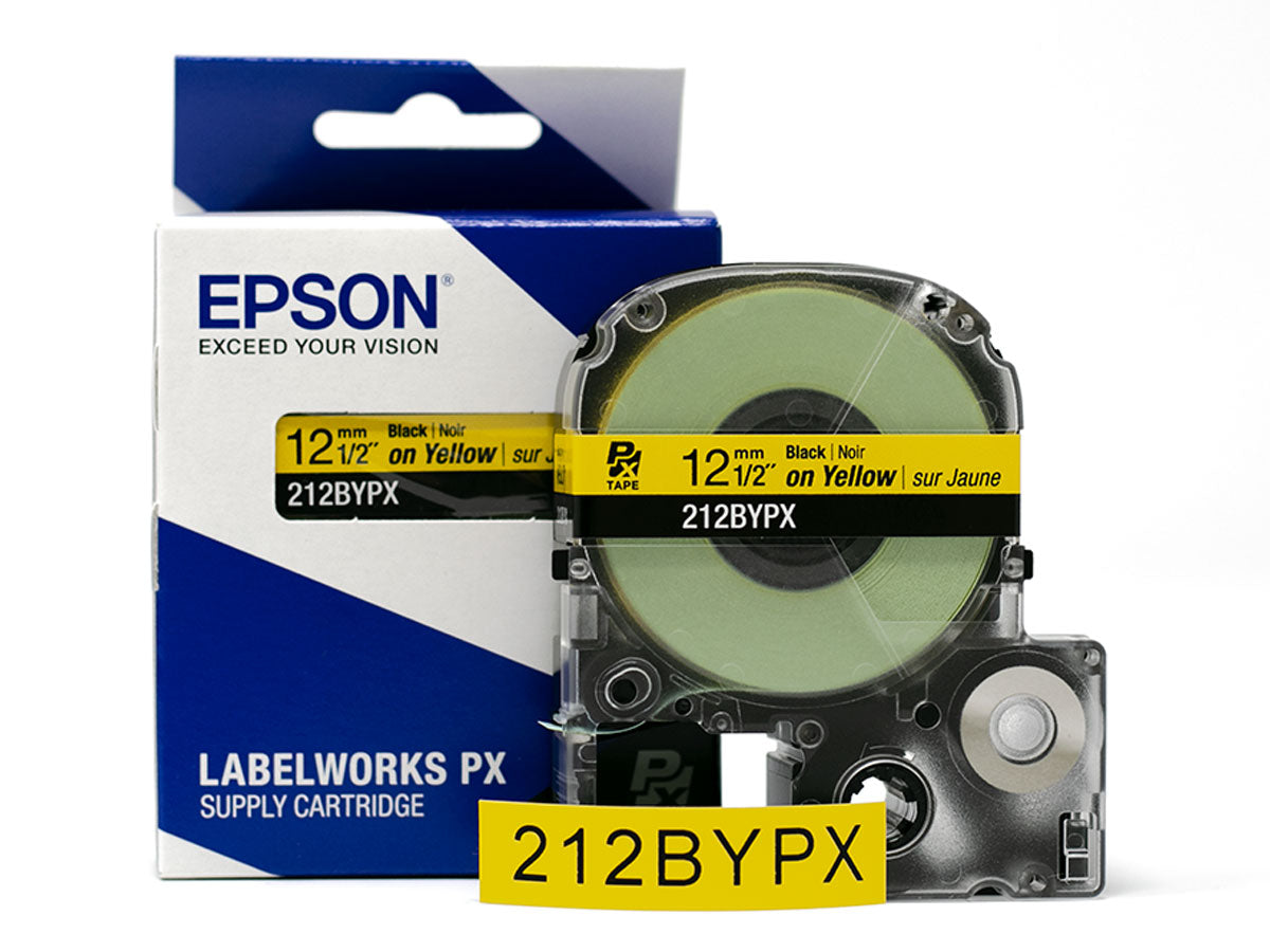 Epson LABELWORKS PX Standard 1/2" (12mm) x 30 ft Black on Yellow Tape - 212BYPX