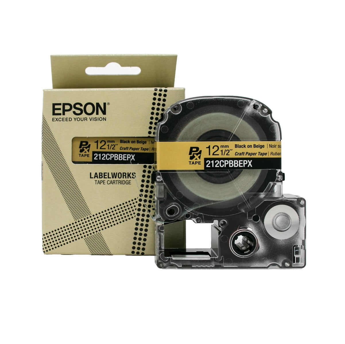 Epson LabelWorks PX 1/2" (12mm) X 16.5 FT Black on Beige Craft Paper Tape - 212CPBBEPX