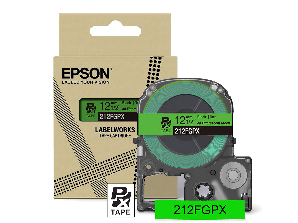 Epson LabelWorks PX Fluorescent 1/2" (12mm) X 16 FT Black on Fluorescent Green Tape - 212FGPX
