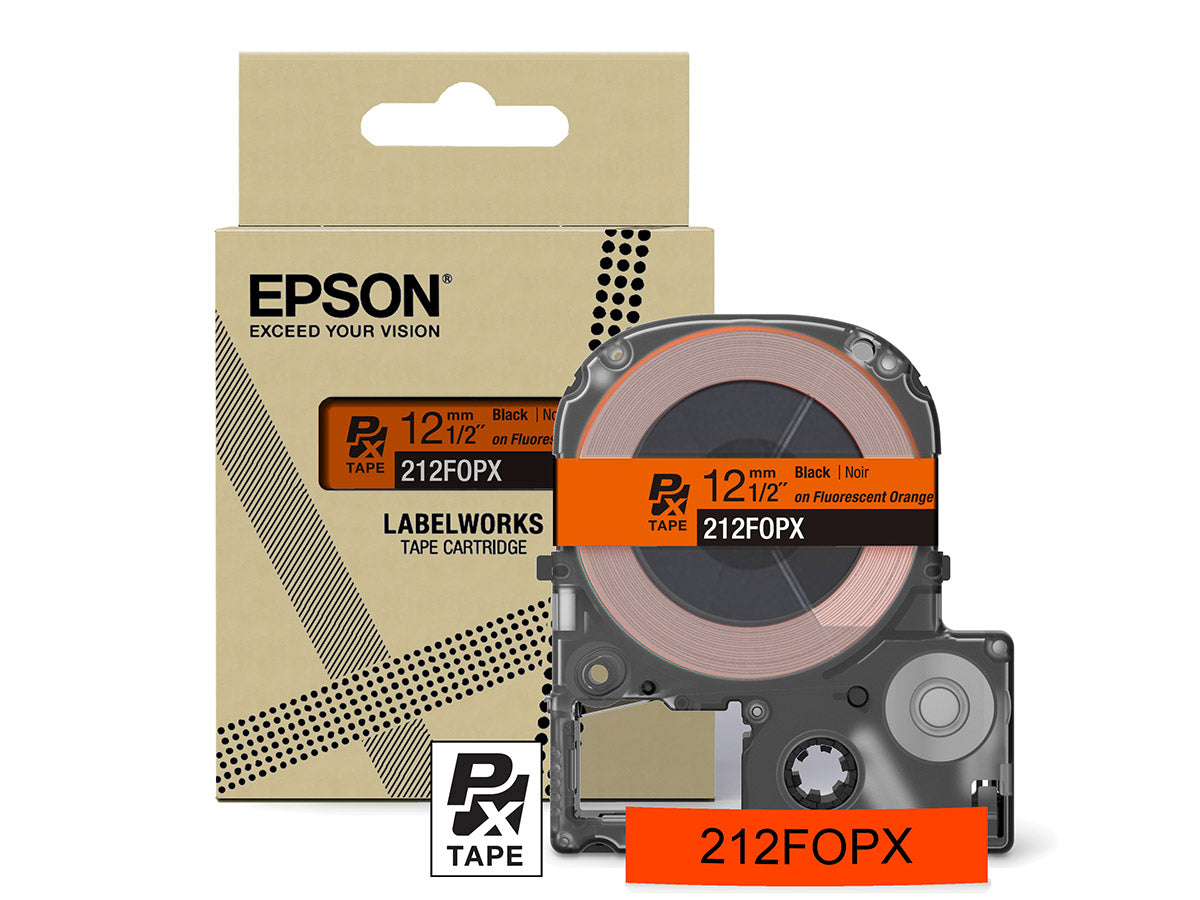 Epson LabelWorks PX Fluorescent 1/2" (12mm) X 16 FT Black on Fluorescent Orange Tape - 212FOPX