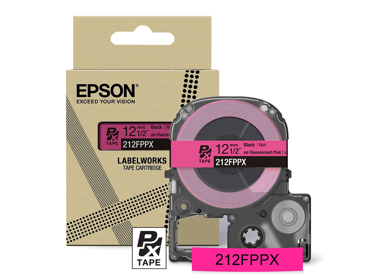 Epson LabelWorks PX Fluorescent 1/2" (12mm) X 16 FT Black on Fluorescent Pink Tape - 212FPPX