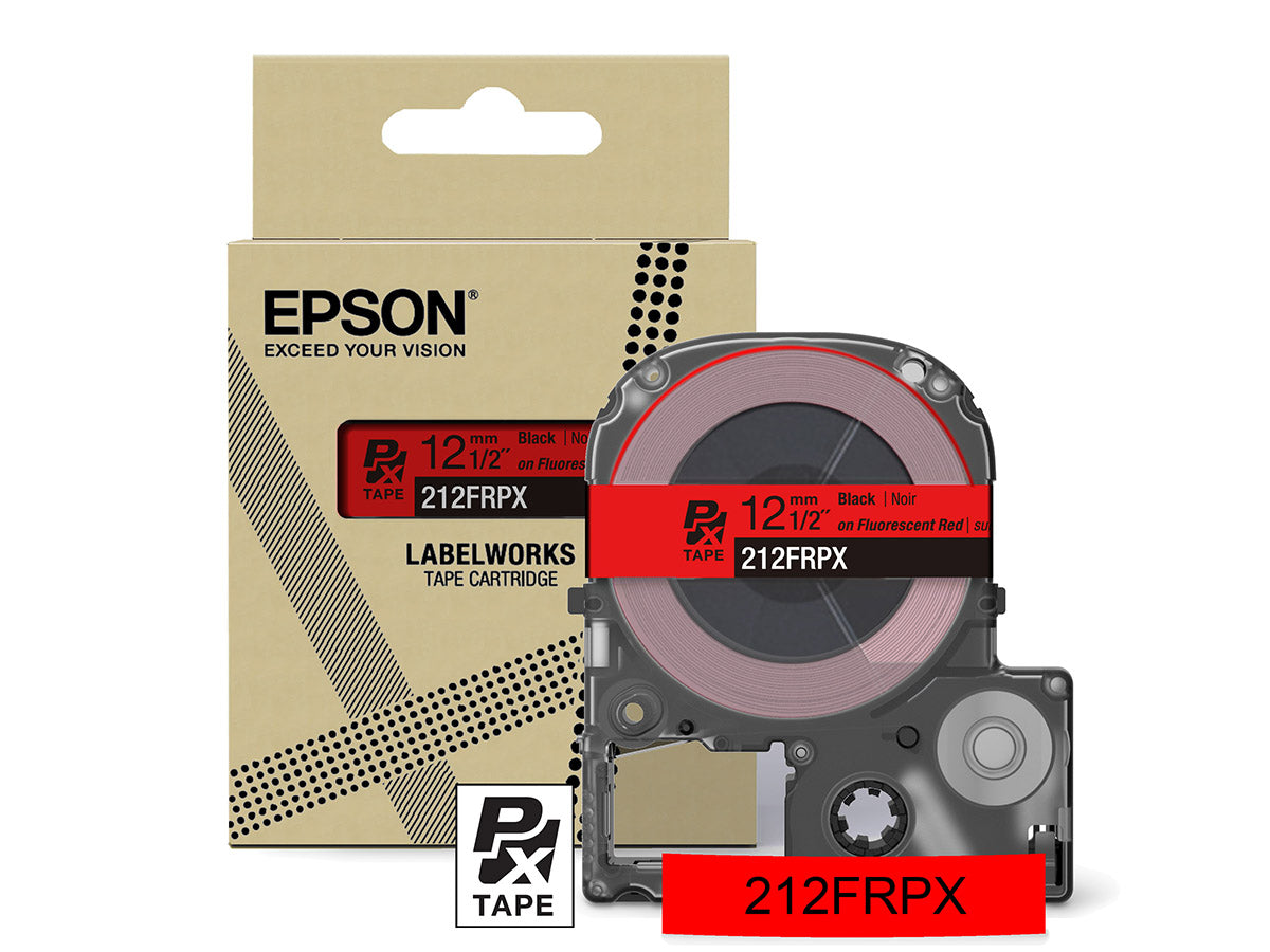 Epson LabelWorks PX Fluorescent 1/2" (12mm) X 16 FT Black on Fluorescent Red Tape - 212FRPX