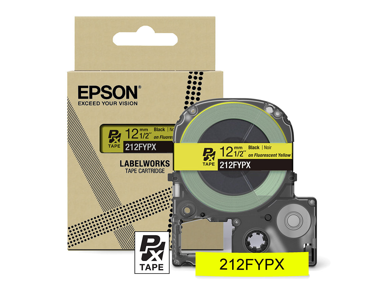 Epson LabelWorks PX Fluorescent 1/2" (12mm) X 16 FT Black on Fluorescent Yellow Tape - 212FYPX