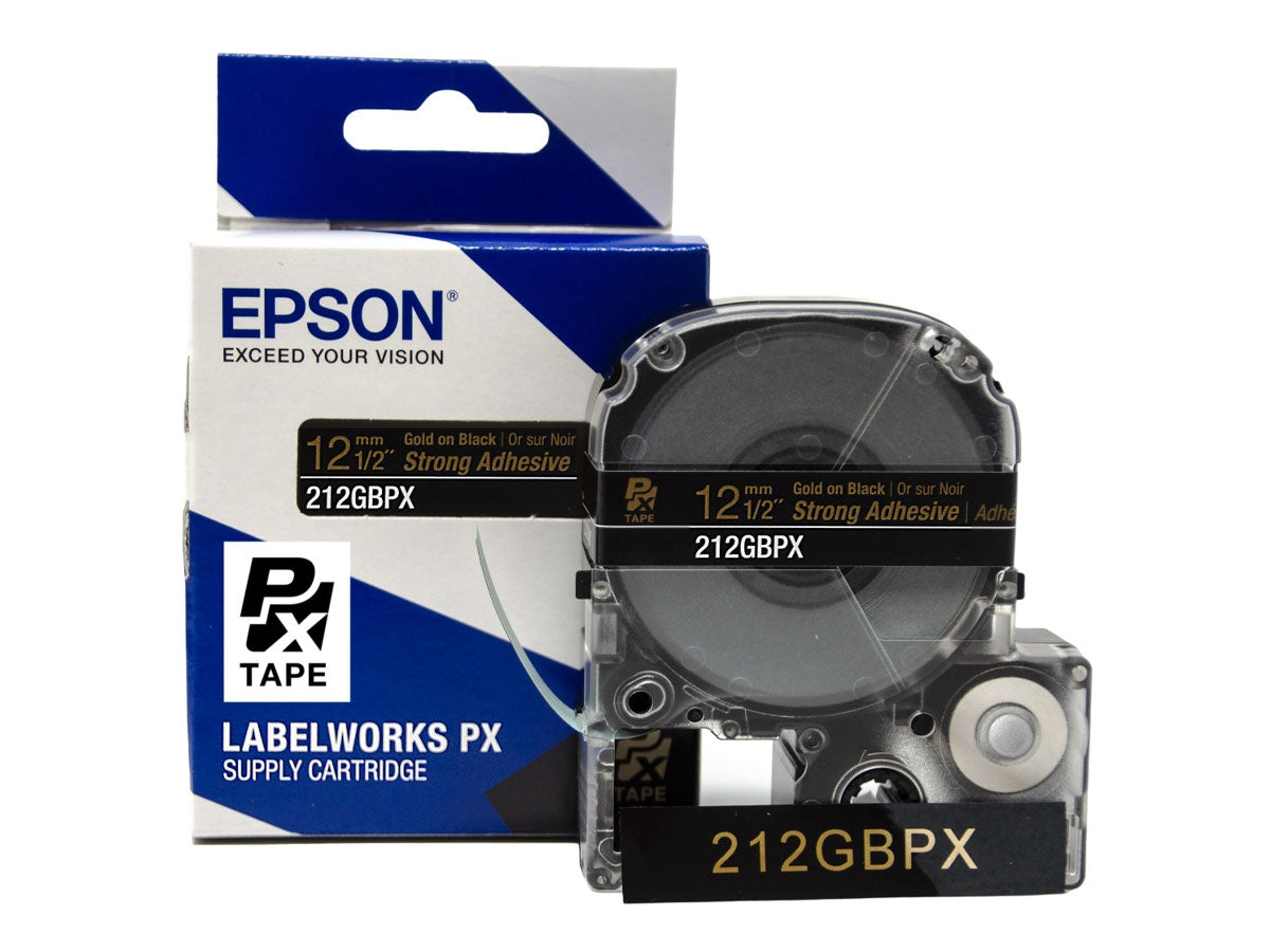 Epson LABELWORKS PX Strong Adhesive 1/2" (12mm) x 30 ft Gold on Black Tape - 212GBPX