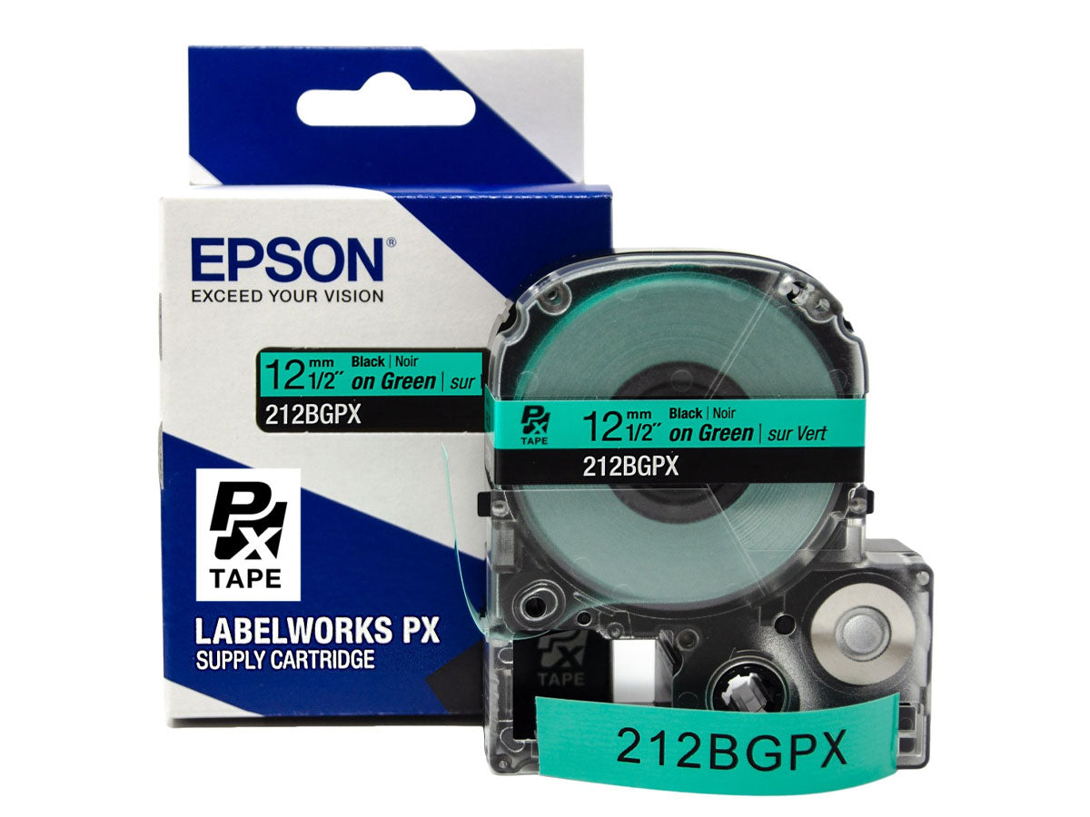 212BGPX - 1/2" Black on Green PET Standard Label Tape Cartridge for Epson LabelWorks PX Printers