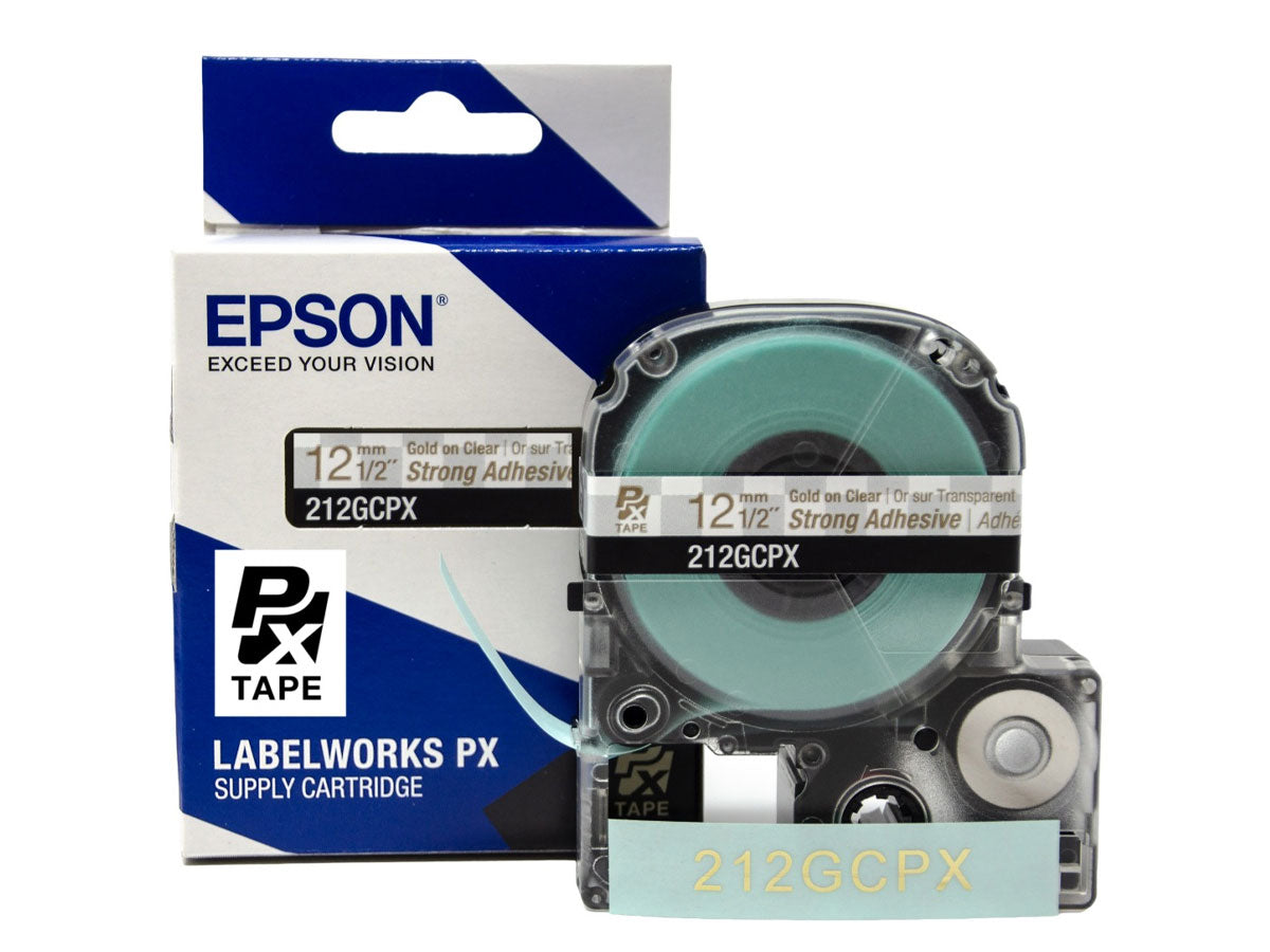 Epson LABELWORKS PX Strong Adhesive 1/2" (12mm) x 30 ft Gold on Clear Tape - 212GCPX
