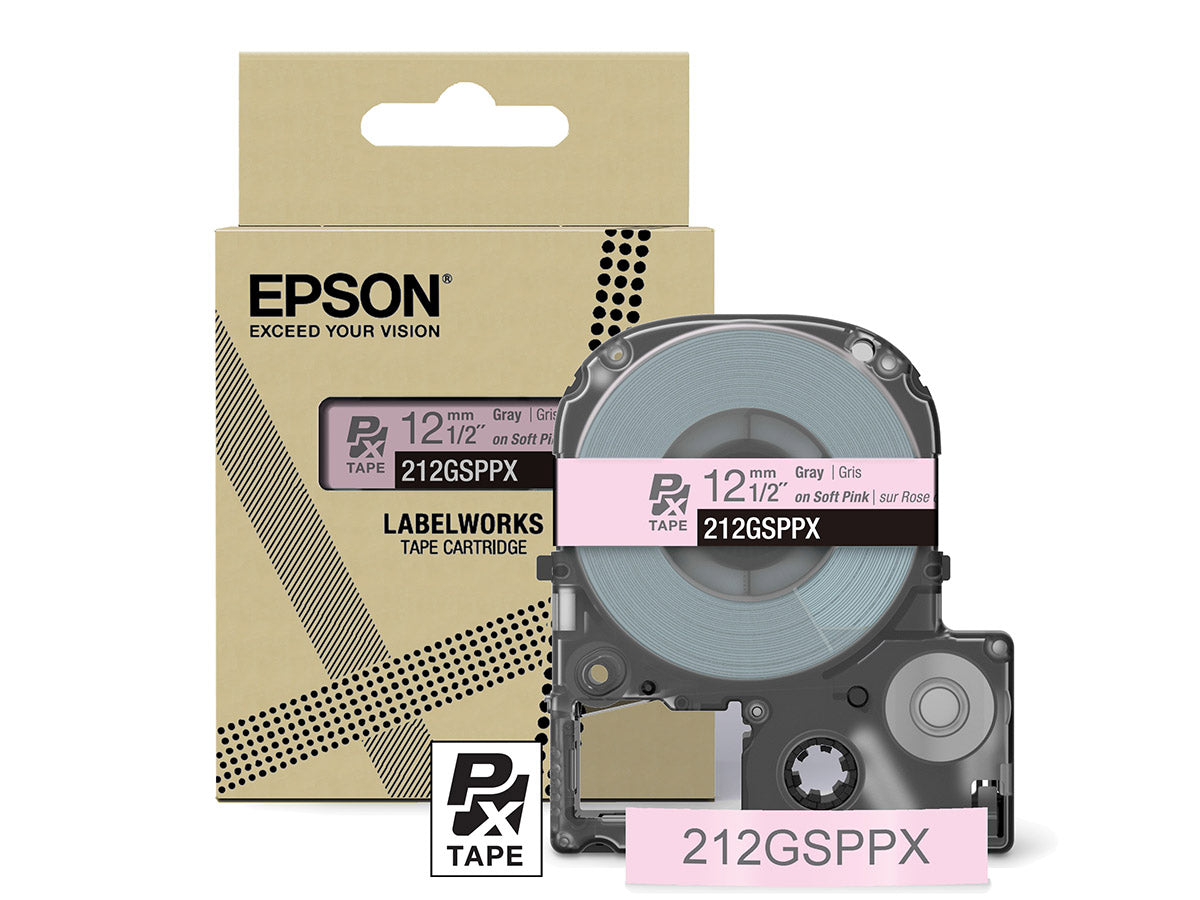 Epson LabelWorks PX 1/2" (12mm) X 26 FT Gray on Soft Pink Tape - 212GSPPX