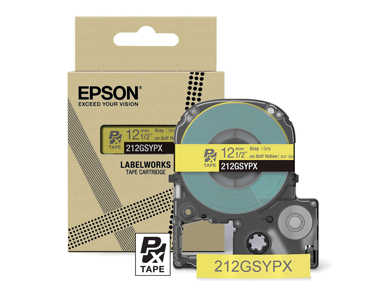 Epson LabelWorks PX 1/2" (12mm) X 26 FT Gray on Soft Yellow Tape - 212GSYPX