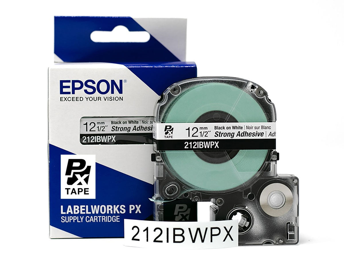 Epson LABELWORKS PX Strong Adhesive 1/2" (12mm) x 30 ft Black on White Tape - 212IBWPX
