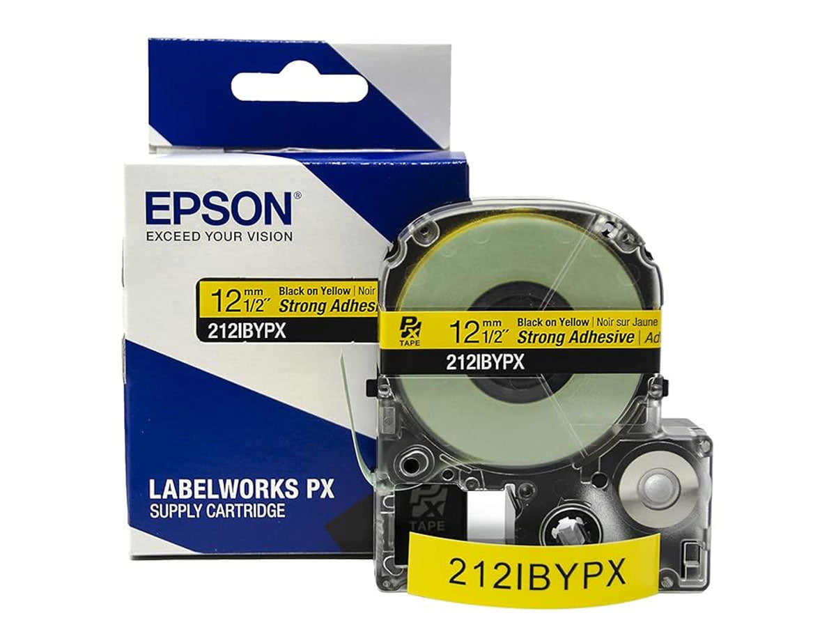 Epson LABELWORKS PX Strong Adhesive 1/2" (12mm) x 30 ft Black on Yellow Tape - 212IBYPX