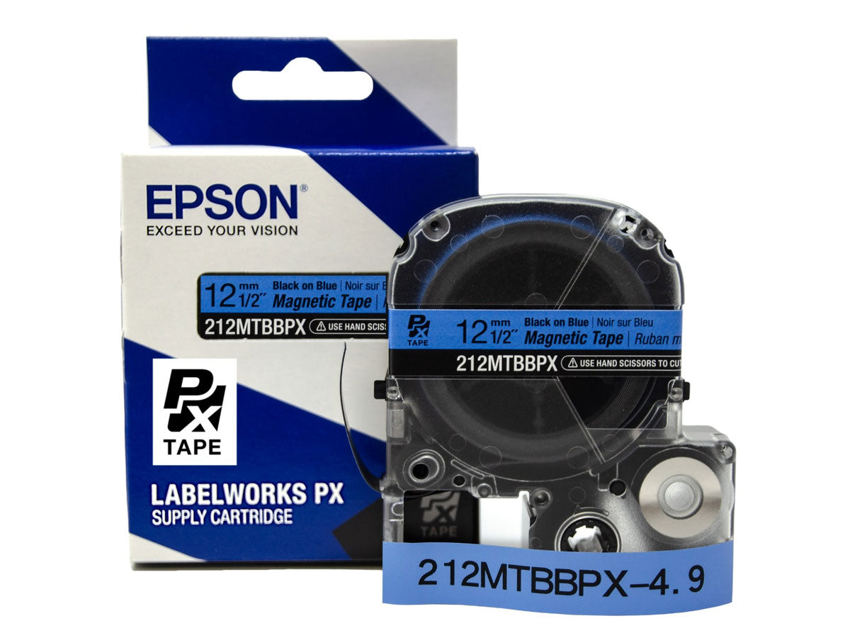 Epson LABELWORKS PX Magnetic 1/2" (12mm) x 4.9 ft Black on Blue Tape - 212MTBBPX-4.9