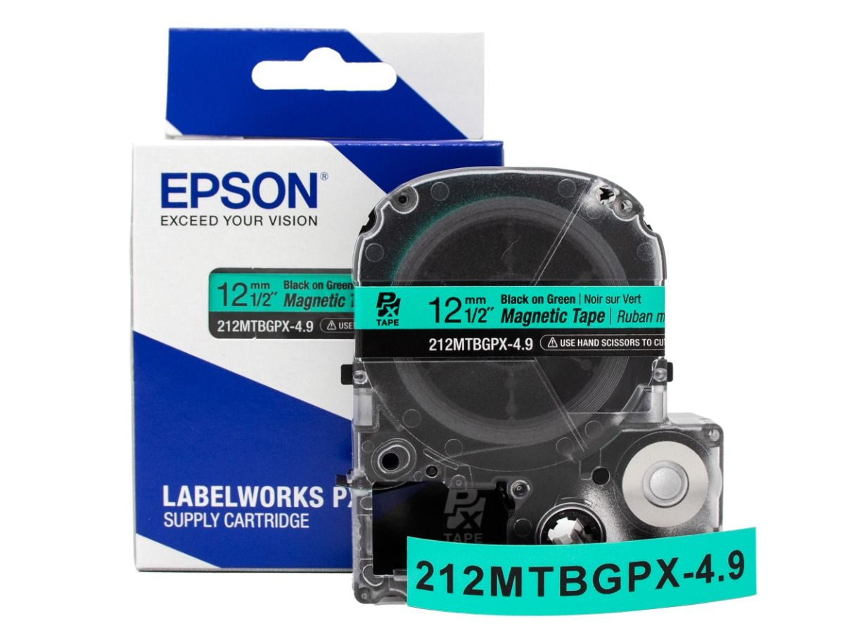 Epson LABELWORKS PX Magnetic 1/2" (12mm) x 4.9 ft Black on Green Tape - 212MTBGPX-4.9