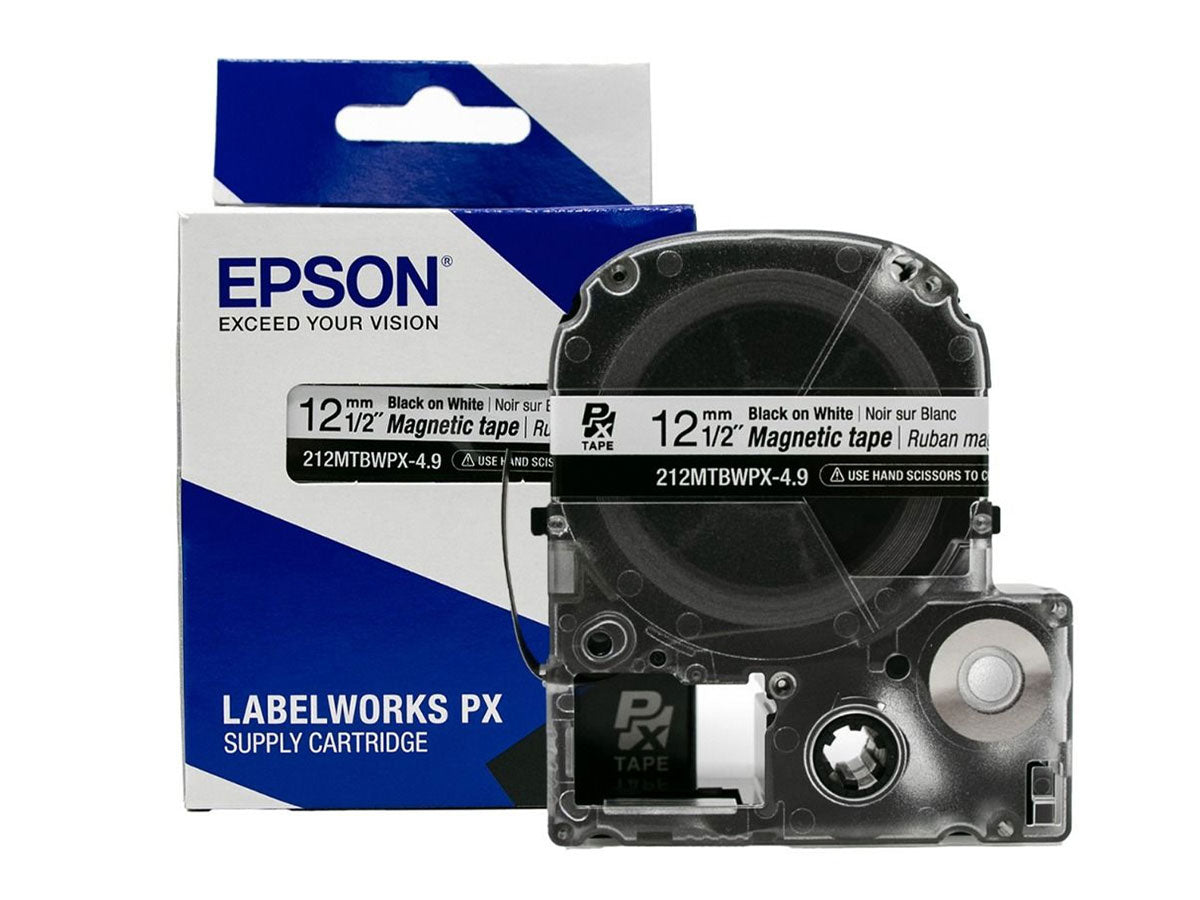 Epson LABELWORKS PX Magnetic 1/2" (12mm) x 4.9 ft Black on White Tape - 212MTBWPX-4.9