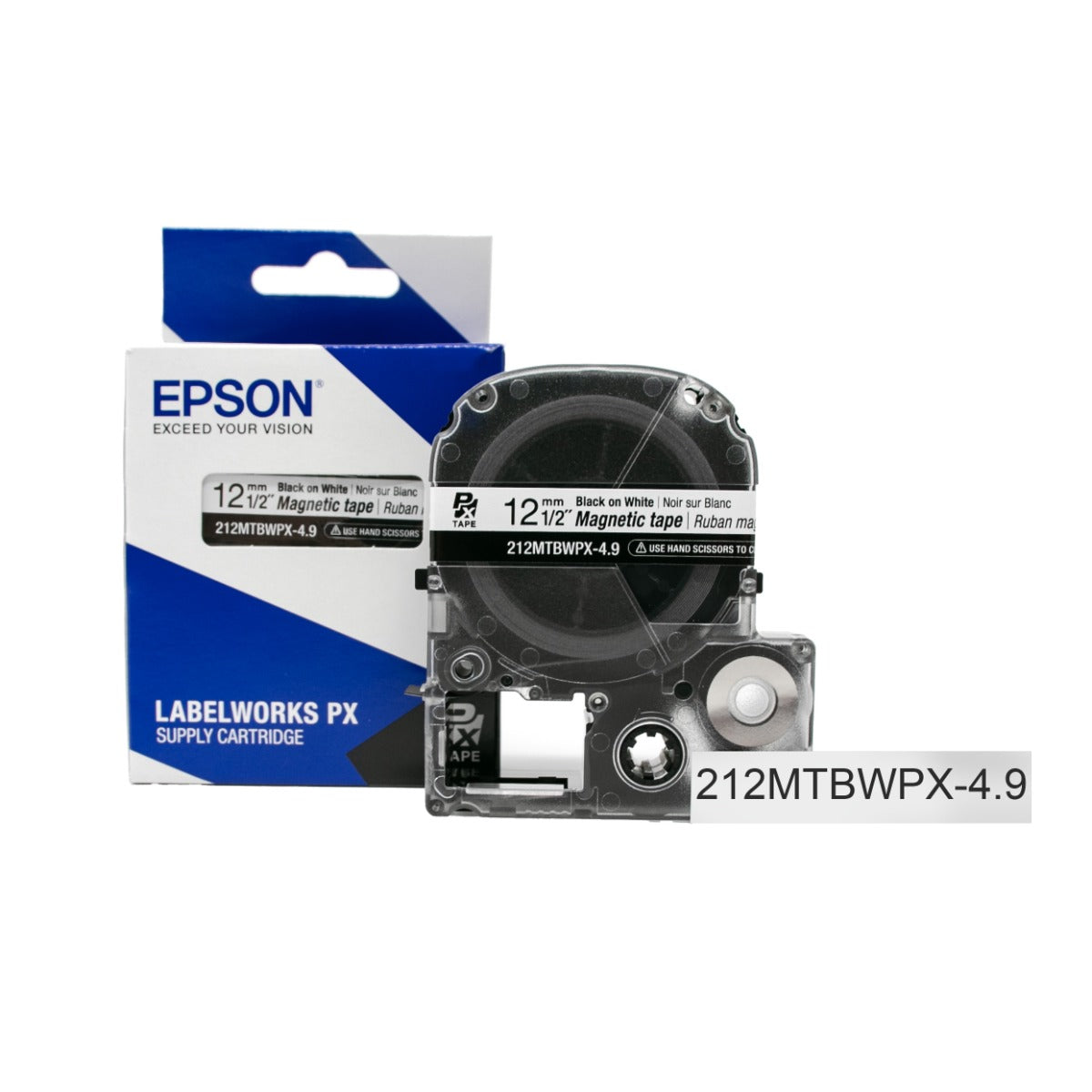 Epson LABELWORKS PX Magnetic 1/2" (12mm) x 4.9 ft Black on White Tape - 212MTBWPX-4.9