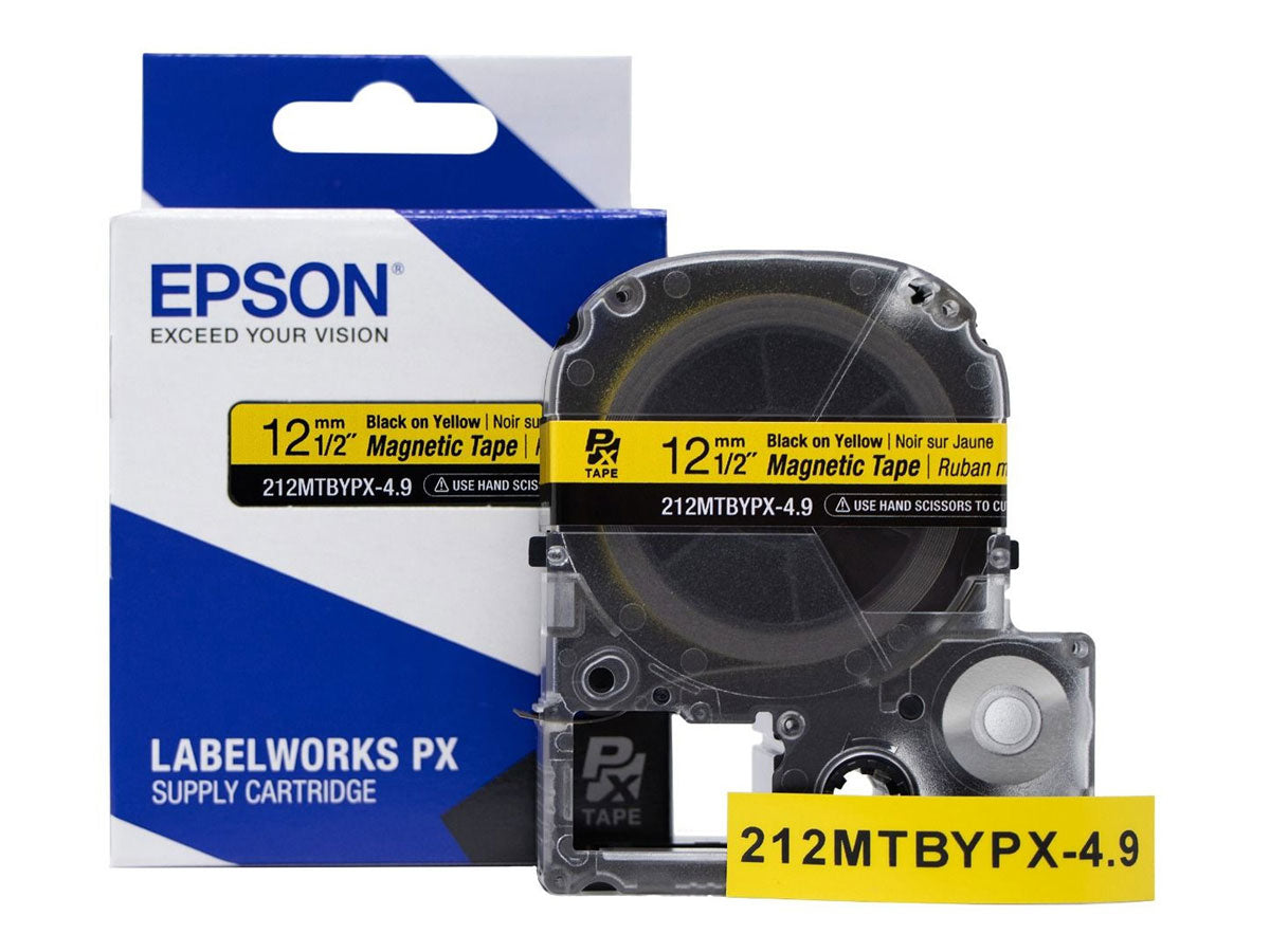 Epson LABELWORKS PX Magnetic 1/2" (12mm) x 4.9 ft  Black on Yellow Tape - 212MTBYPX-4.9