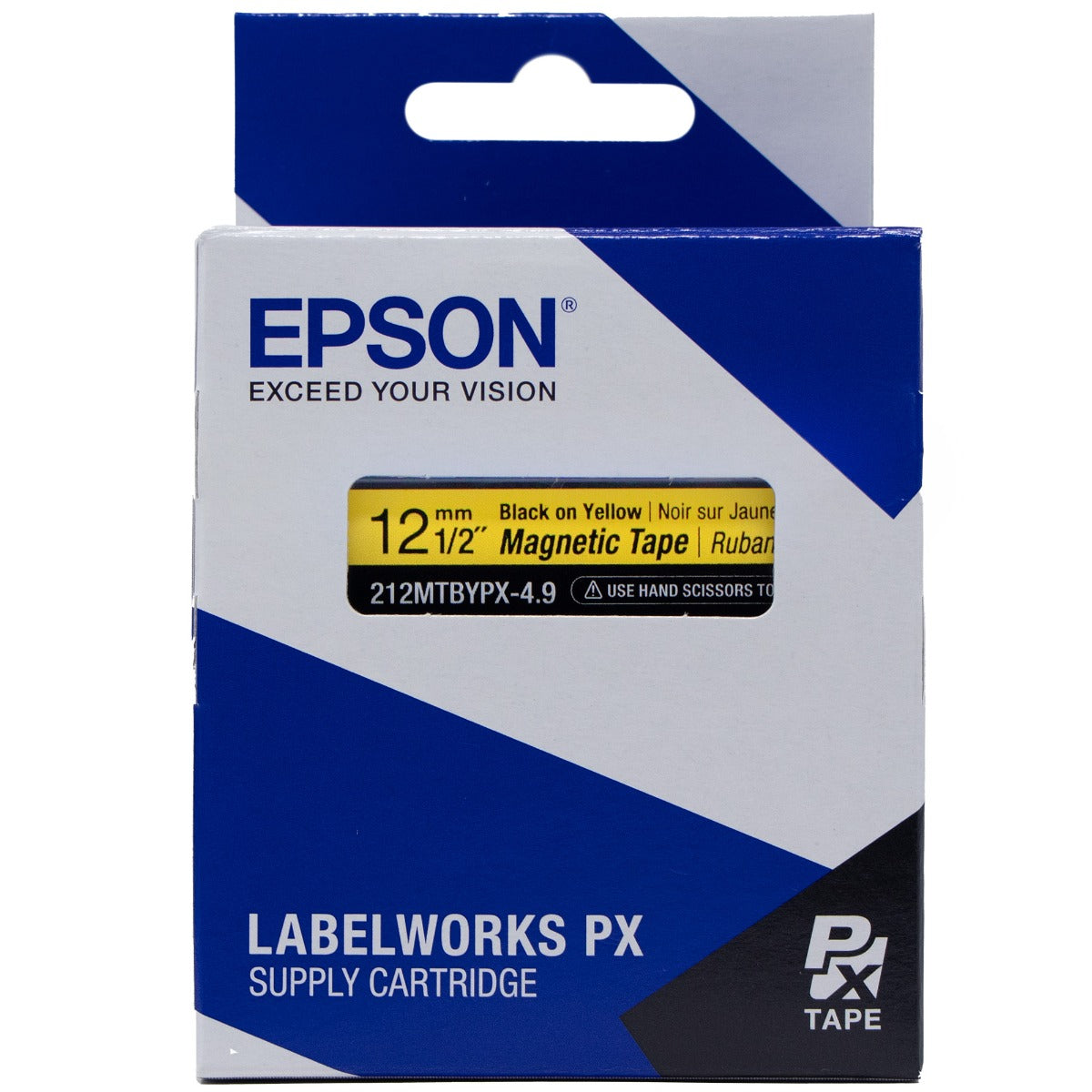 Epson LABELWORKS PX Magnetic 1/2" (12mm) x 4.9 ft  Black on Yellow Tape - 212MTBYPX-4.9